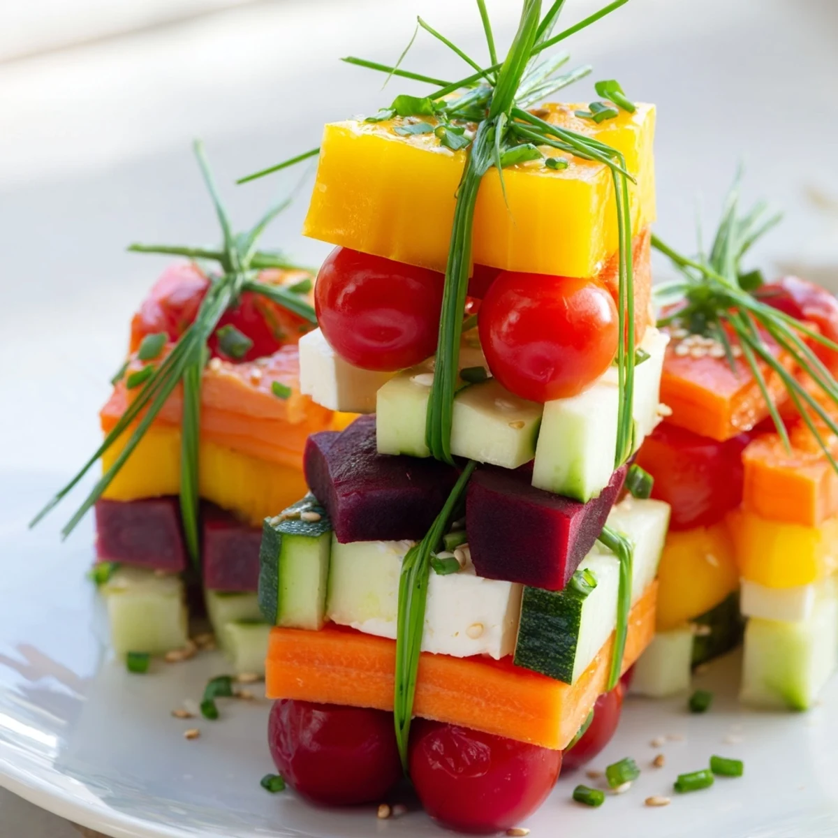 Vibrant, stacked Gift Box Veggie Cubes with cheese and chives, a festive appetizer everyone will love.