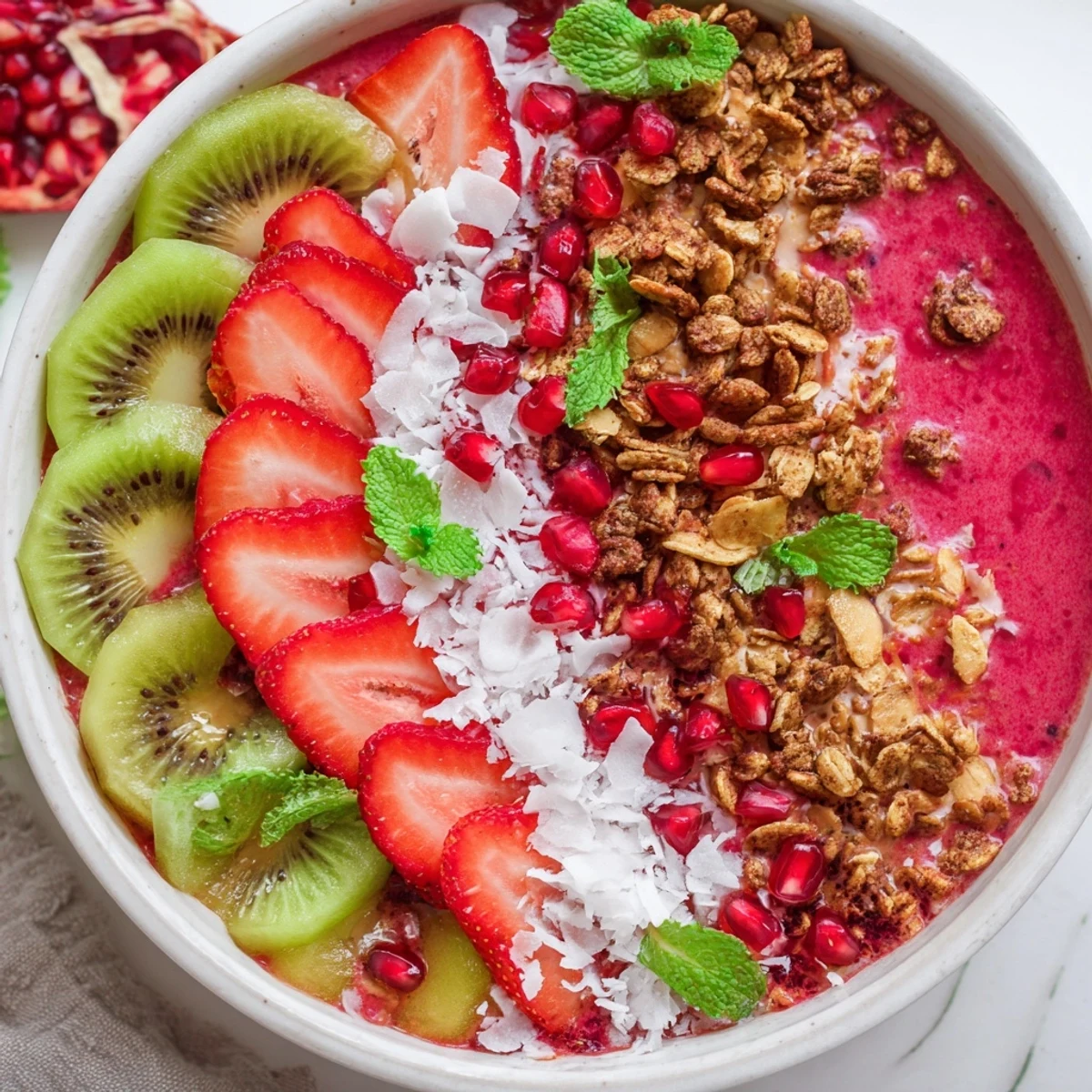 Festive Red and Green Smoothie Bowls, layered with vibrant fruits and granola, are a beautiful holiday breakfast.