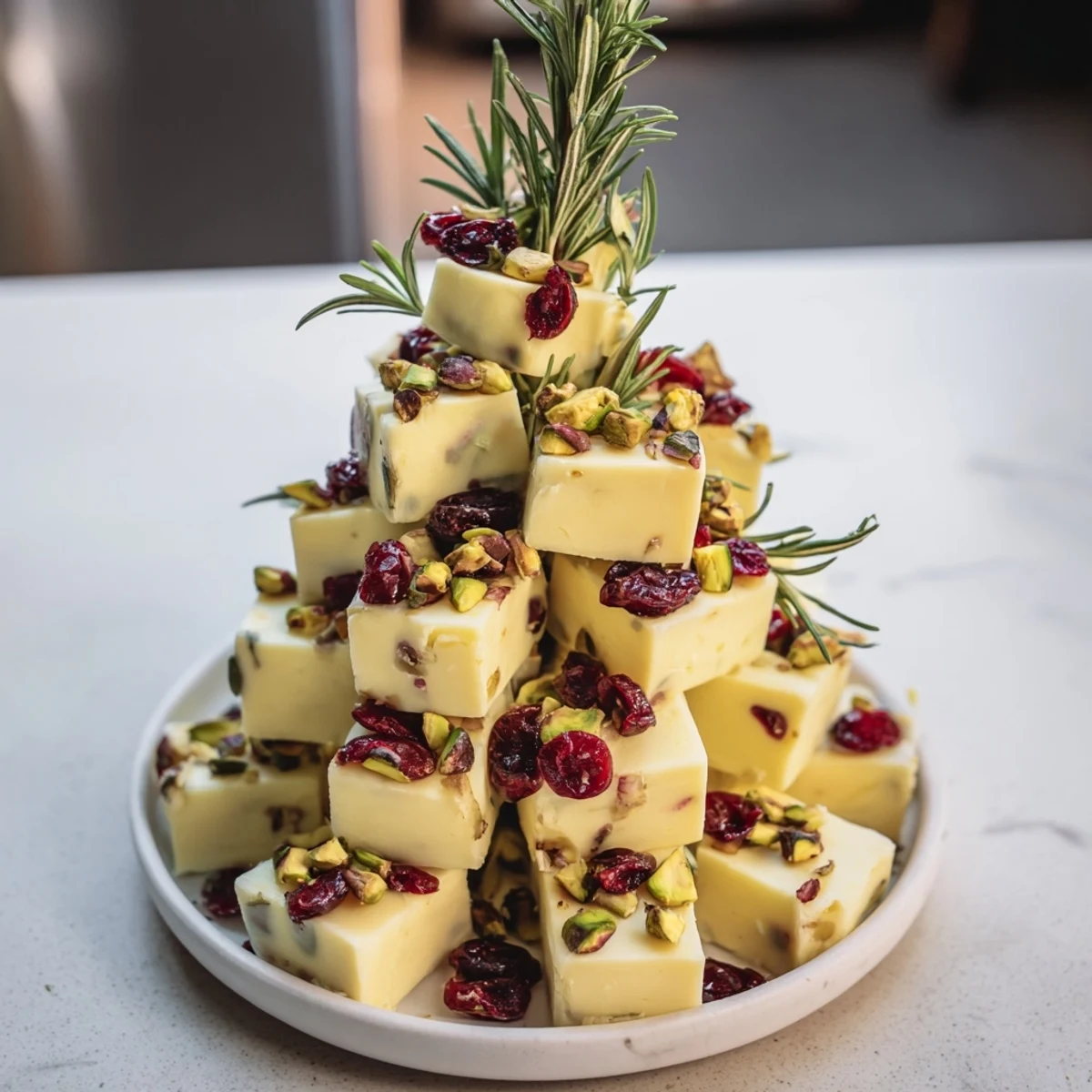 Festive Cranberry White Cheddar Tree: Cubed cheddar, studded with cranberries and pistachio nuts, ready to serve.