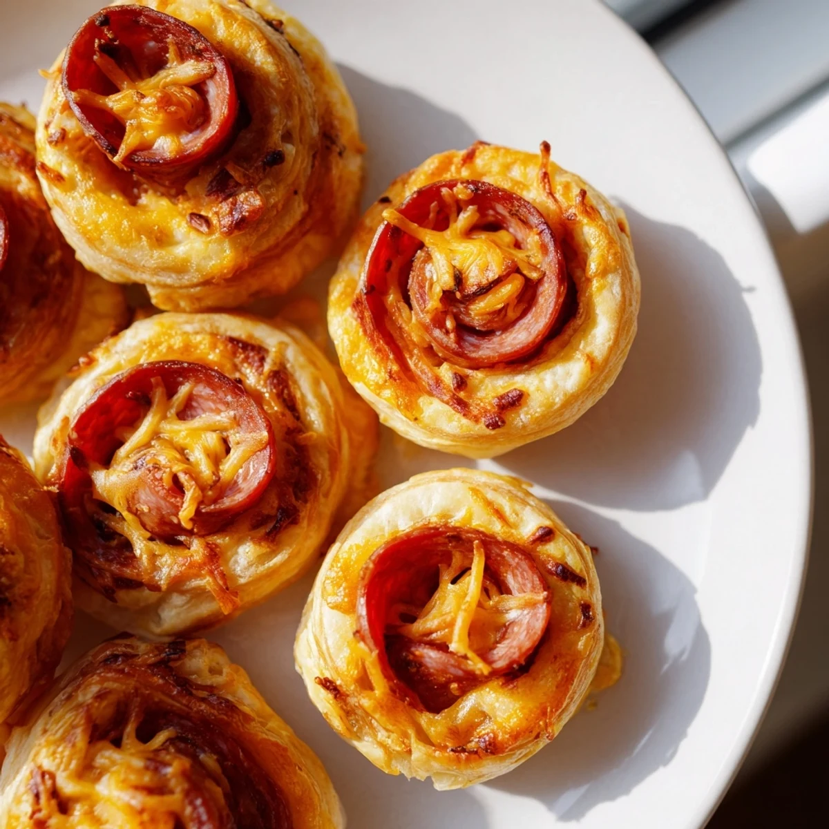 A close-up of delicious Sliced Cheddar and Salami Scrolls, perfect for an easy appetizer, ready to eat.