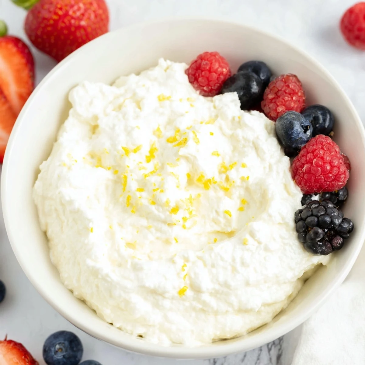Fluffy cream cheese fruit dip with vibrant berries, a delightful snack with a creamy texture.