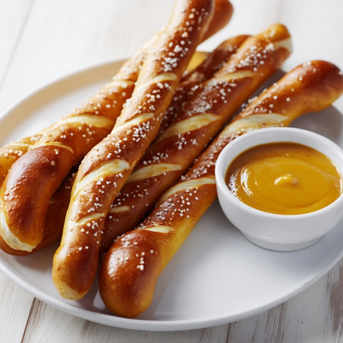 Golden pretzel rods ready to dip in a vibrant, creamy hot mustard dip for a snack.