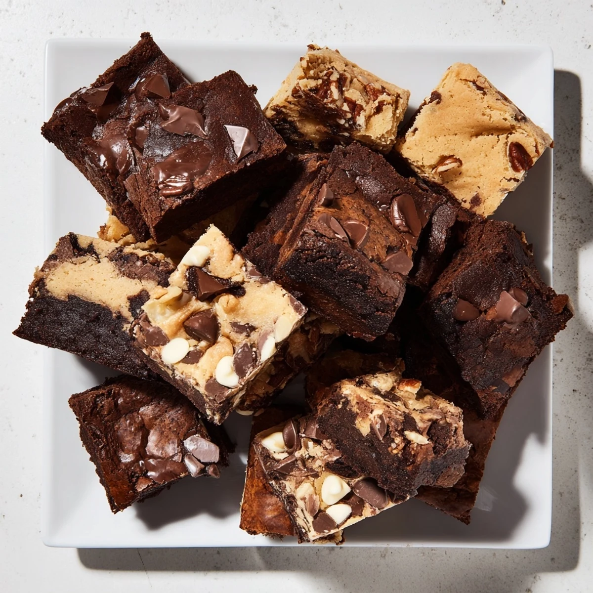 A lovely dessert platter of rich brownies and golden blondie squares, ready for sharing.