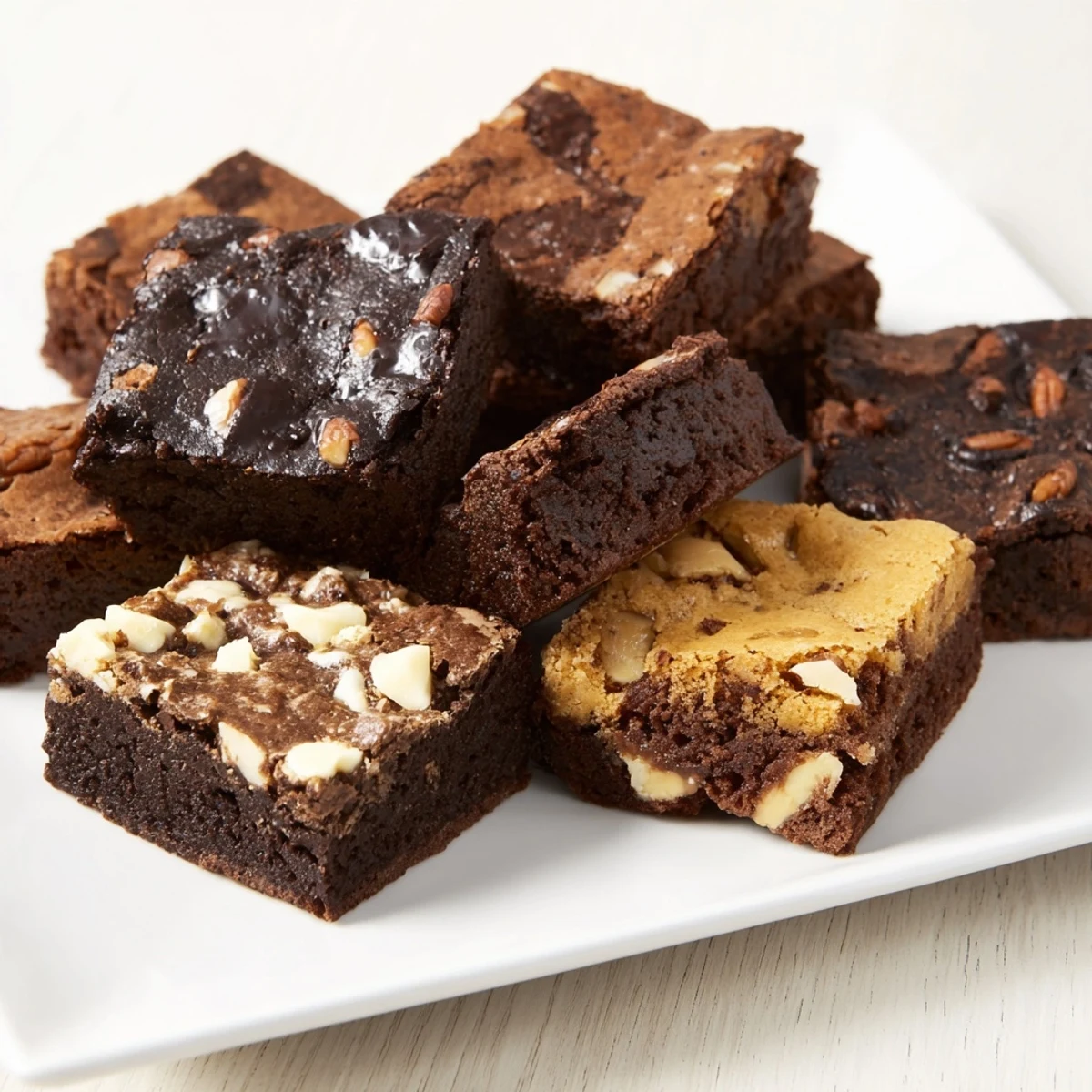 Warm, inviting image of a dessert platter: fudgy brownies and sweet blondie squares.