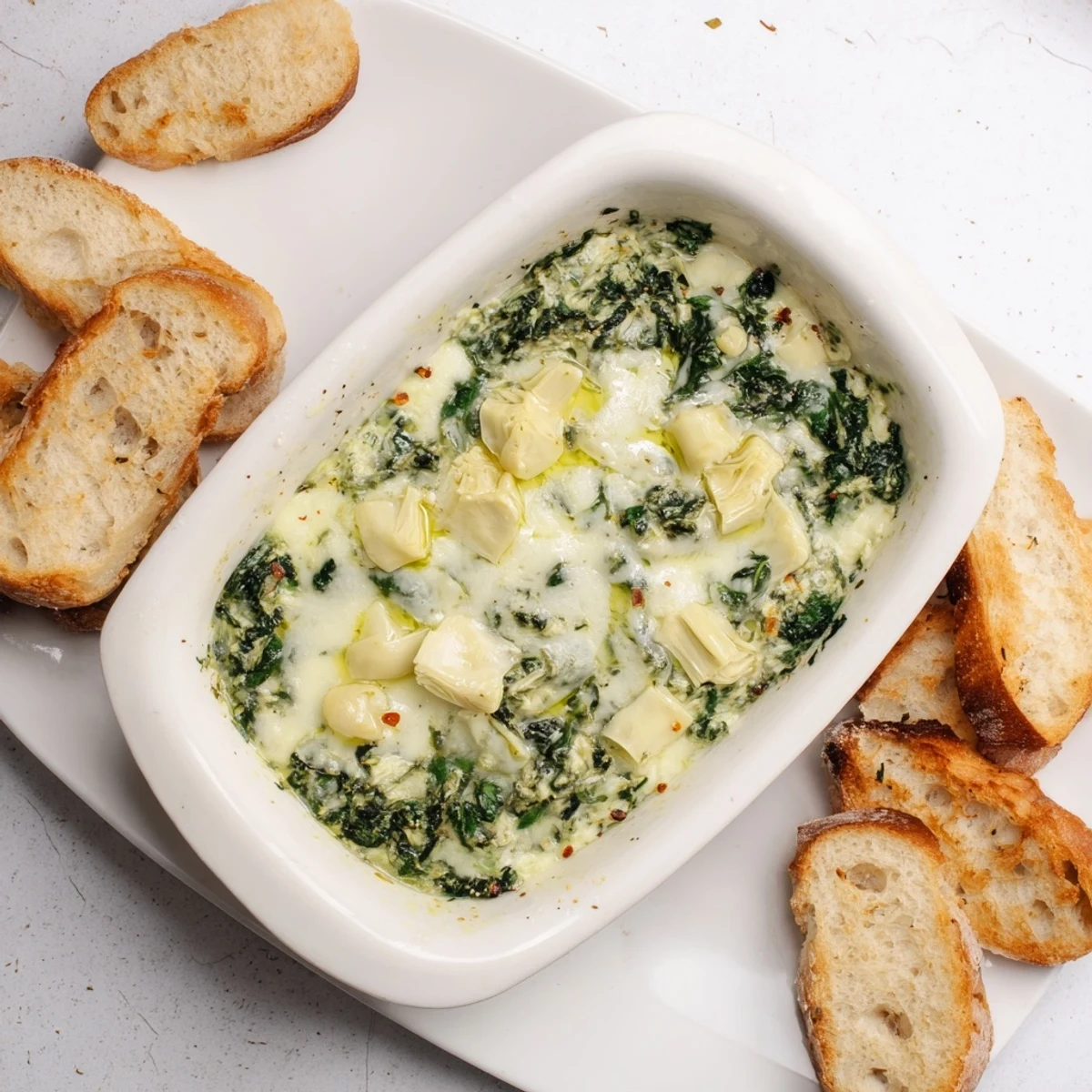 Creamy, bubbling Spinach Artichoke Dip served with golden toasted baguette slices for dipping.