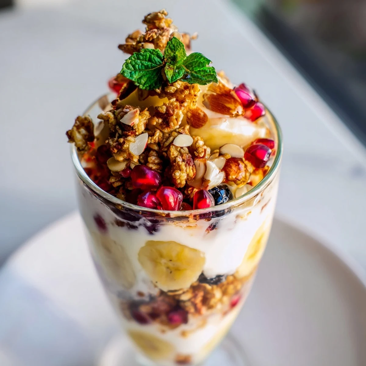 Yogurt and Granola Parfait glasses layered with vibrant fruit and crunchy granola, a light brunch.