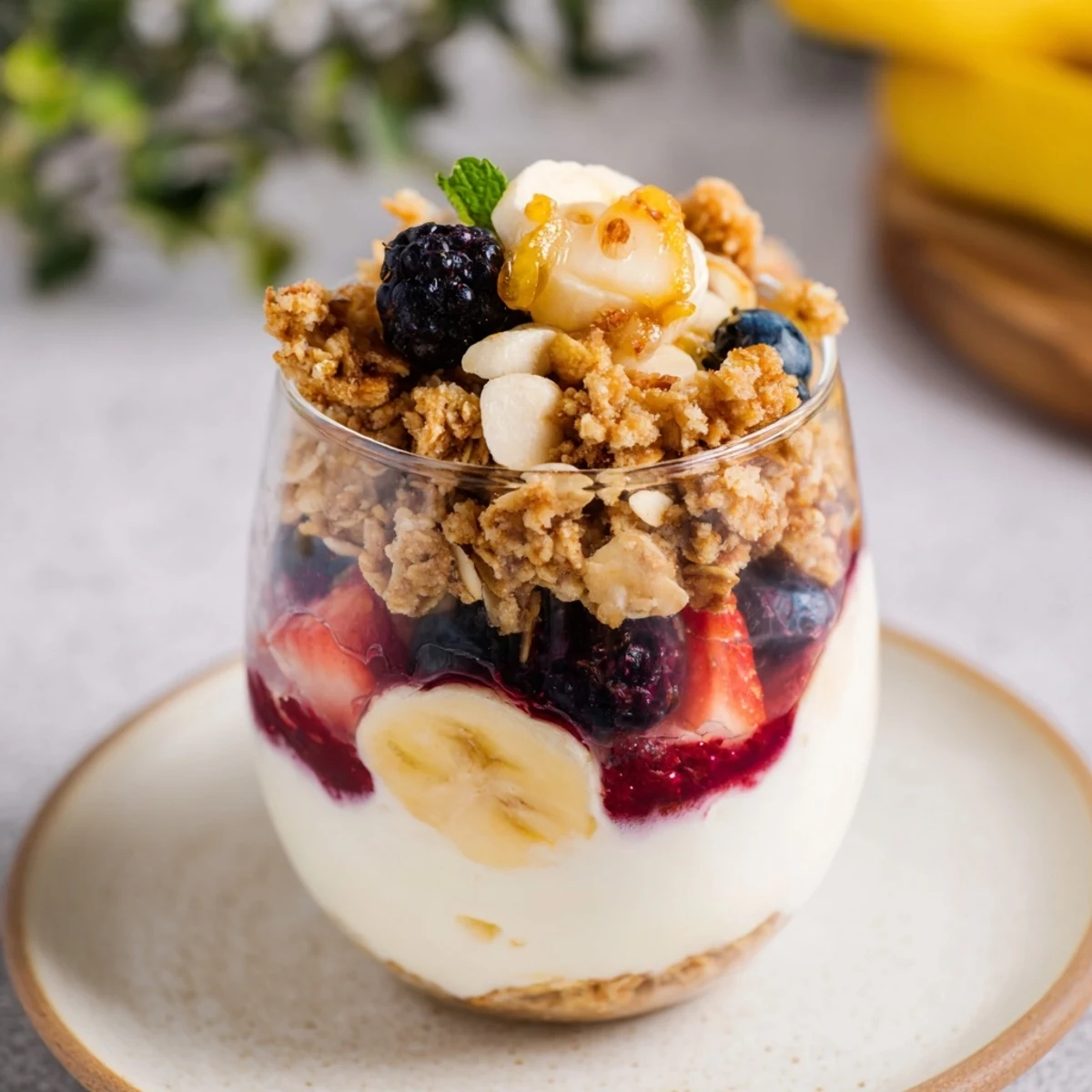 The layers of this Yogurt and Granola Parfait display creamy yogurt, berries, and golden granola, served cold.