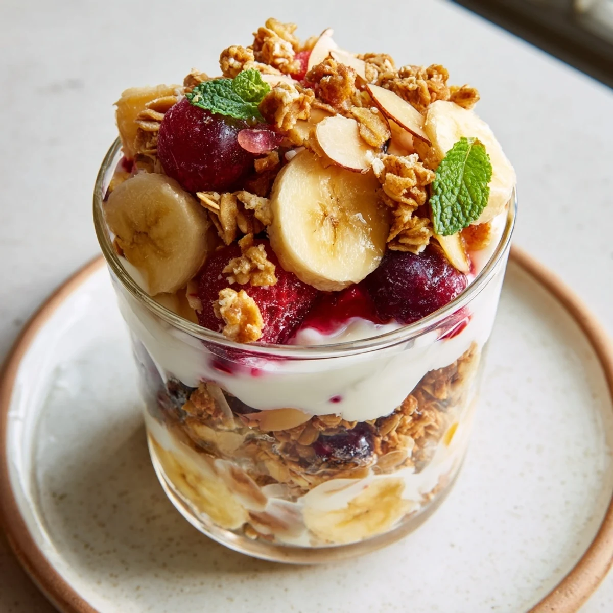 A close-up view shows these Yogurt and Granola Parfaits, promising fresh summer flavors with every bite.