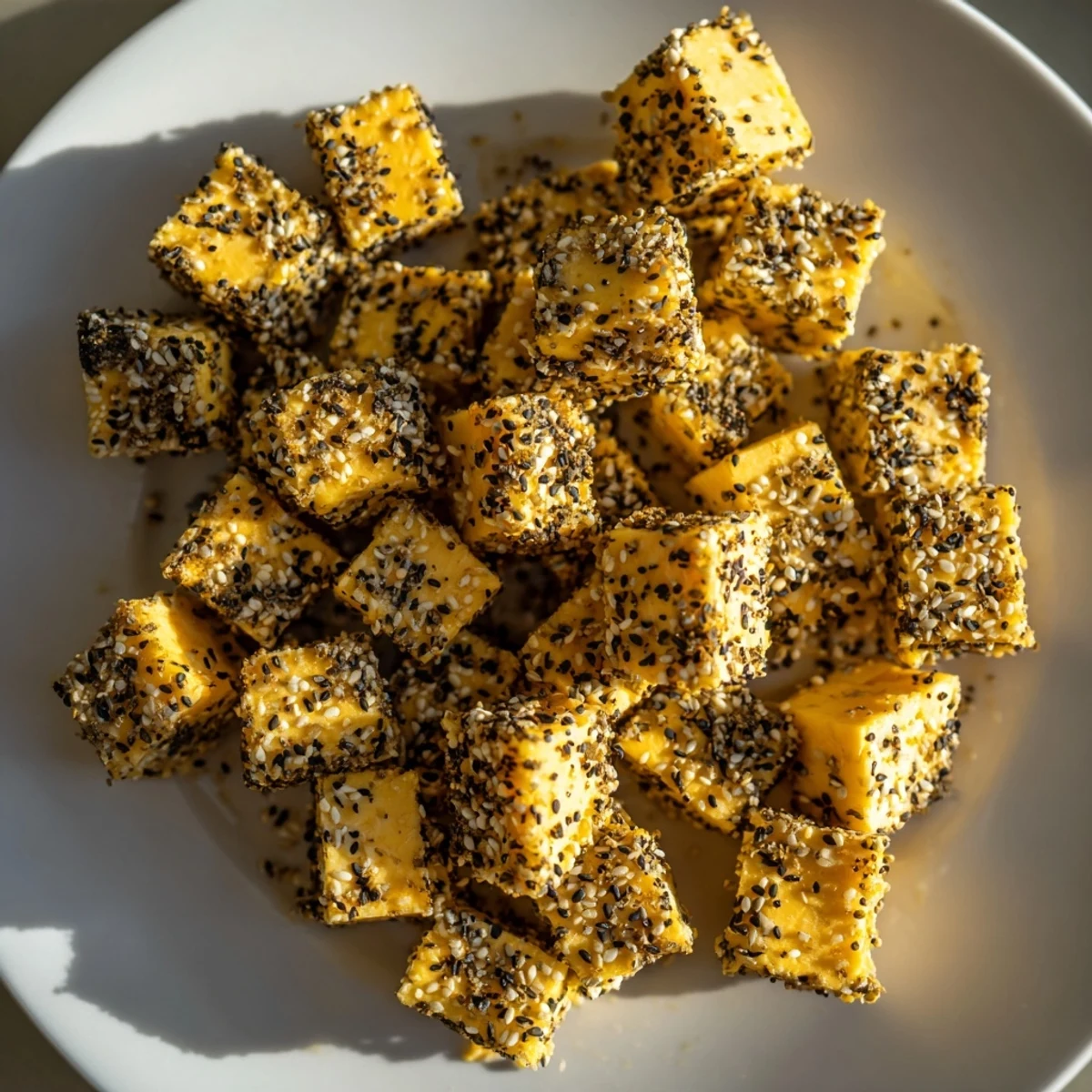 Golden, savory everything bagel seasoning cheese cubes ready to eat on a wooden platter: a perfect party appetizer.