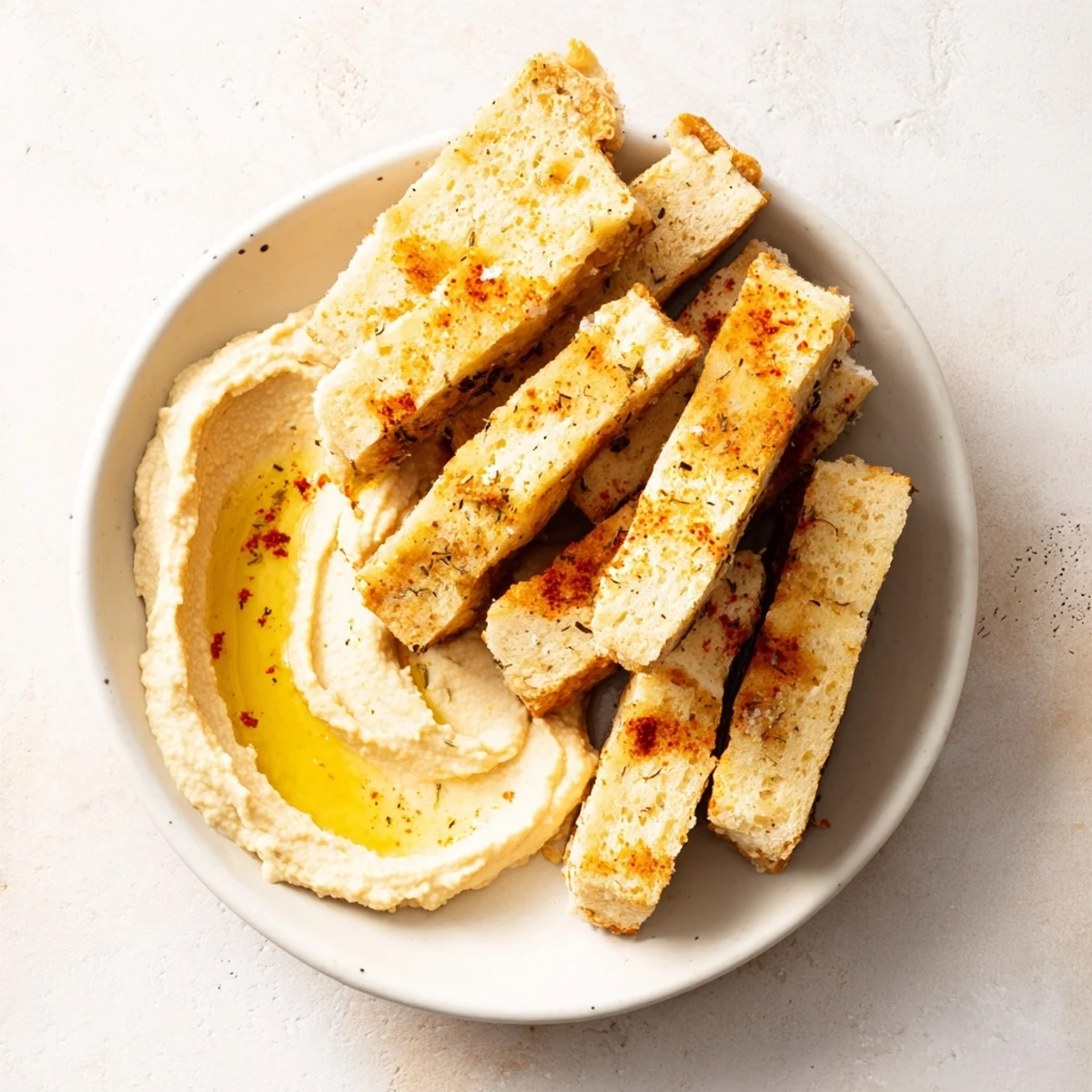 Freshly baked rosemary Holiday Crackers, crisp and flavorful, are arranged with a dip of homemade hummus.