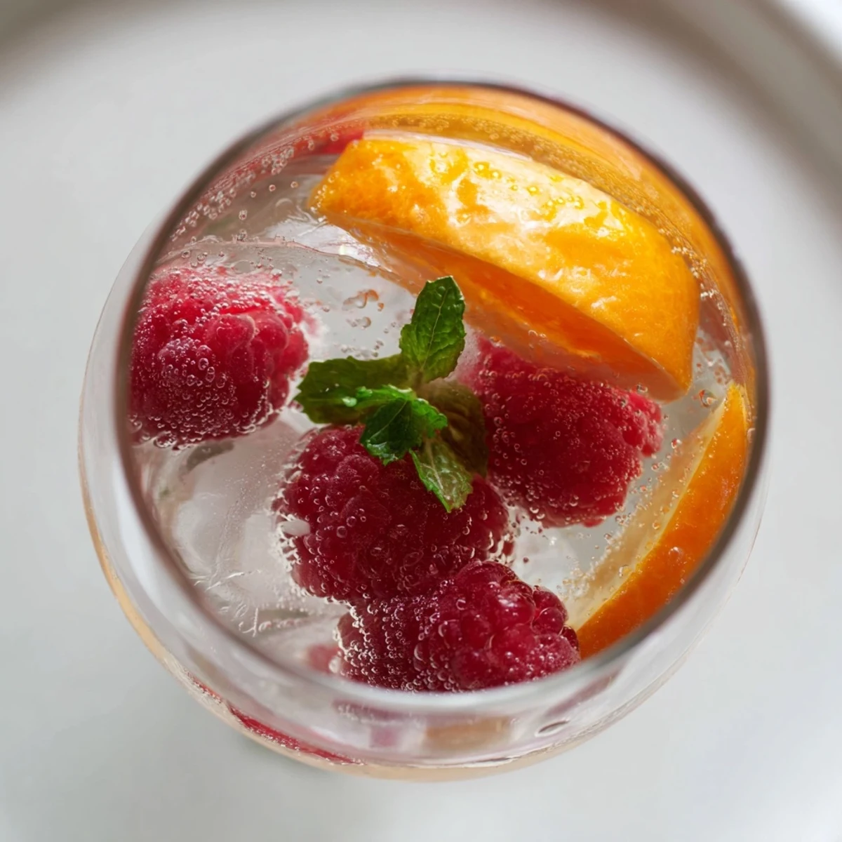 Bright red raspberries mingle in clear sparkling juice; this Sparkling Juice with Raspberries is ready to enjoy.