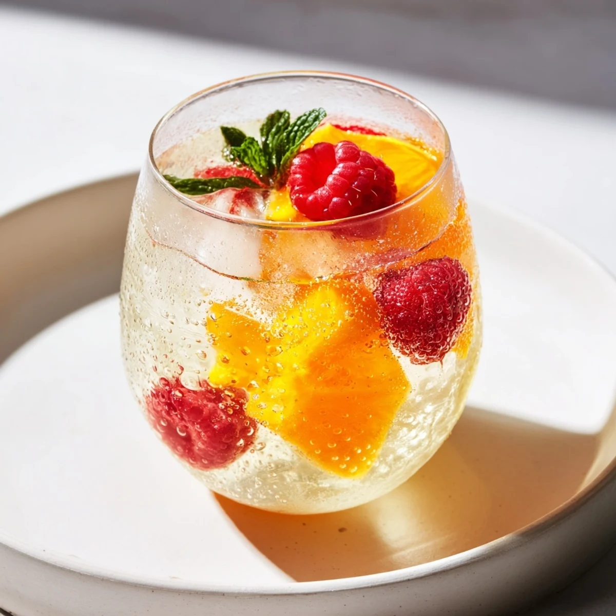 See the festive fizz of Sparkling Juice with Raspberries garnished with mint, perfect for a celebration.