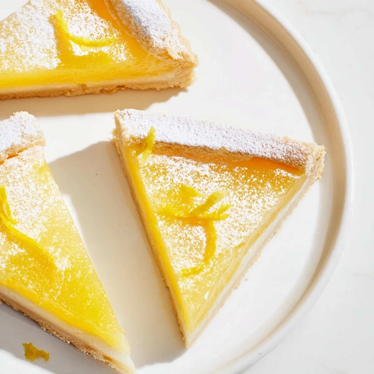 Golden-brown lemon bars, cut into neat triangles, ready to serve for a zesty dessert.