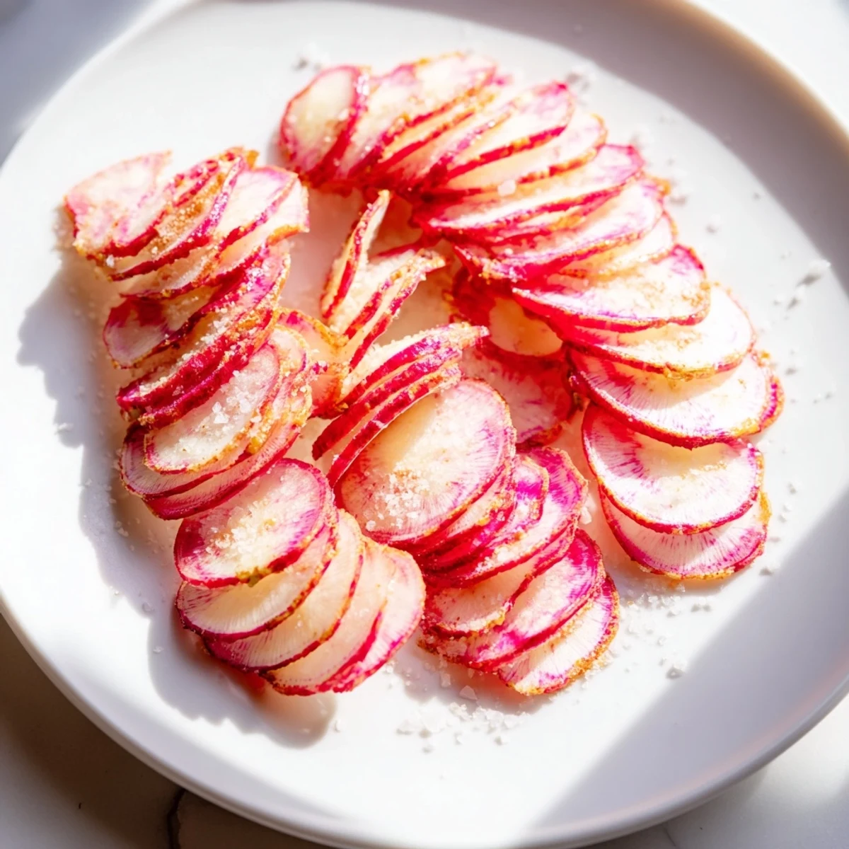 Vibrant image: Thinly sliced radish rounds glistening with sea salt, ideal appetizer.