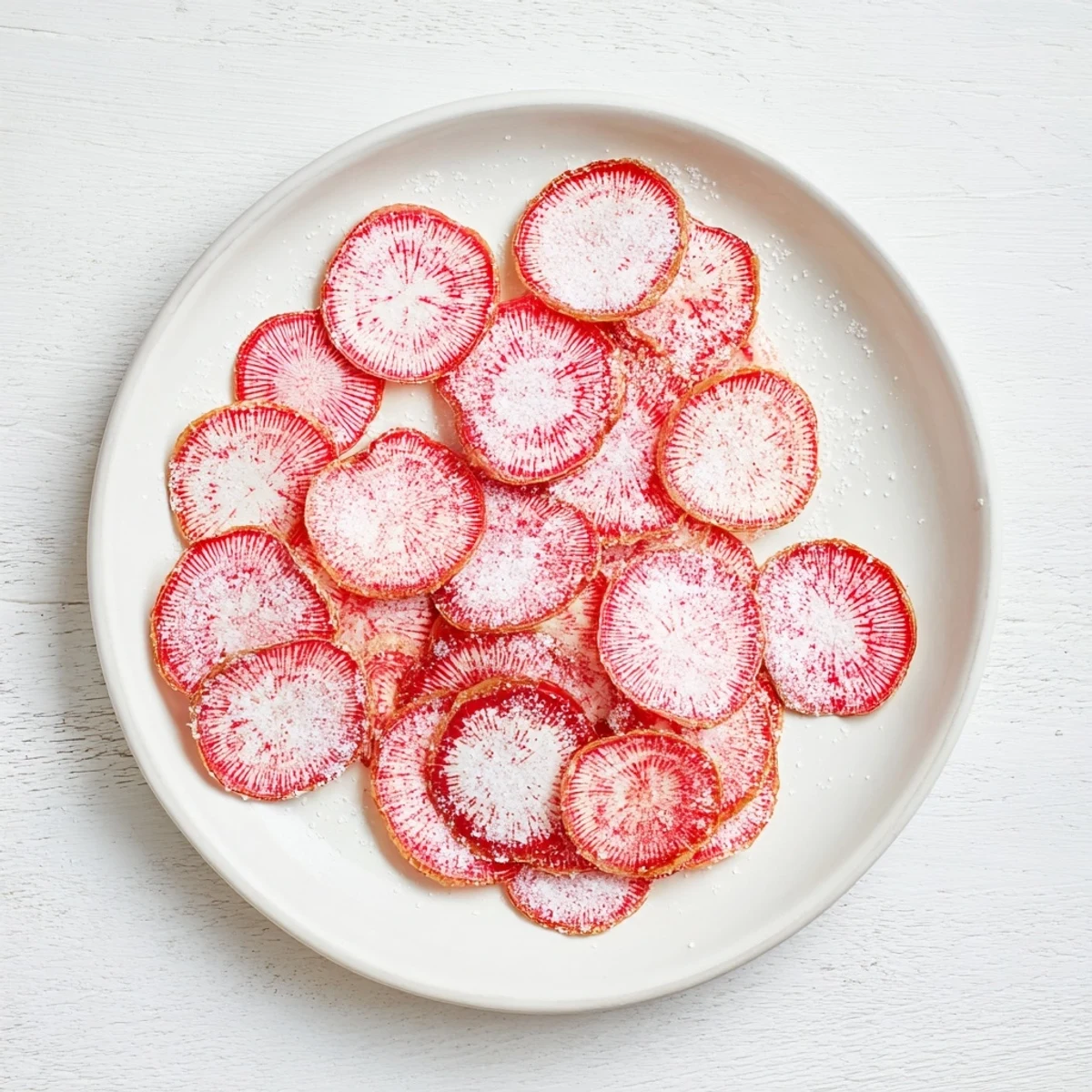 Close-up of fresh Radish Slices with Sea Salt, ready to be enjoyed as a snack.