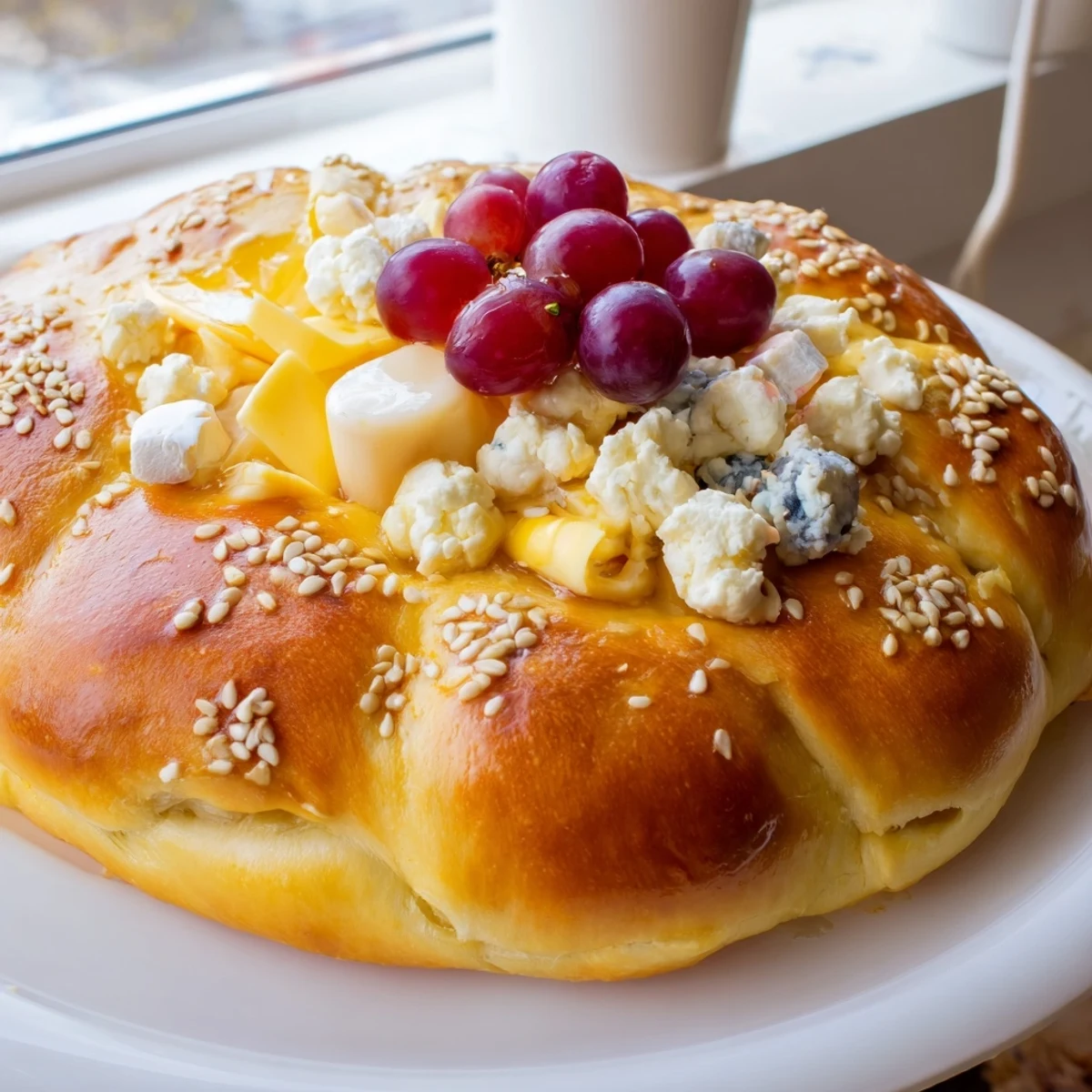 Golden-brown The Gilded Cage appetizer, a stunning dome of baked breadsticks surrounding gourmet cheeses.