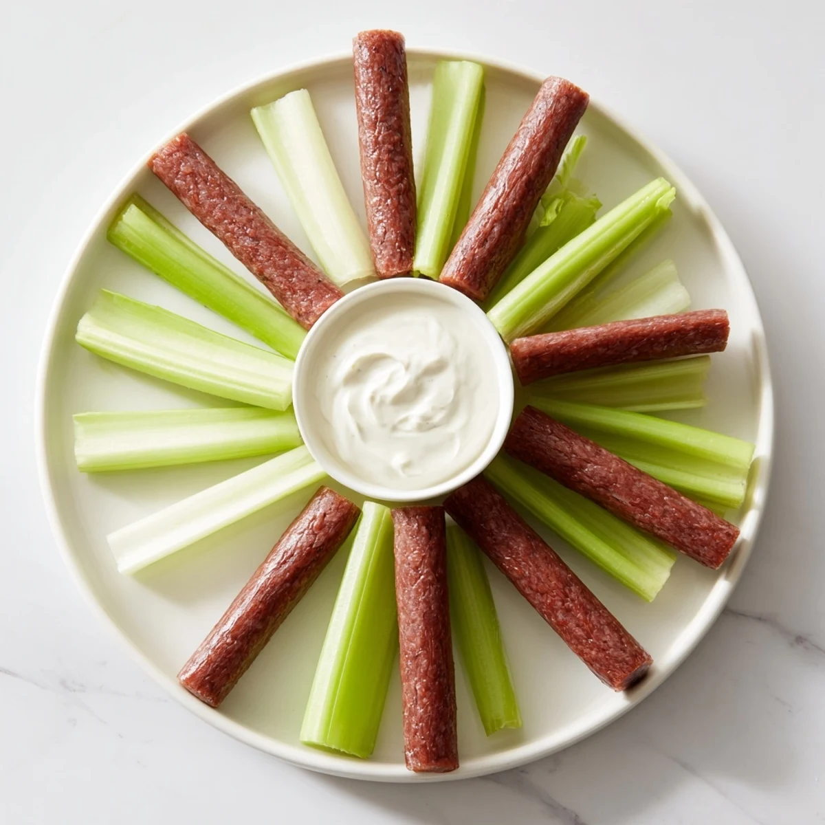 The Rustic Wheel appetizer, boasting crisp celery and savory meat sticks with dipping sauces.