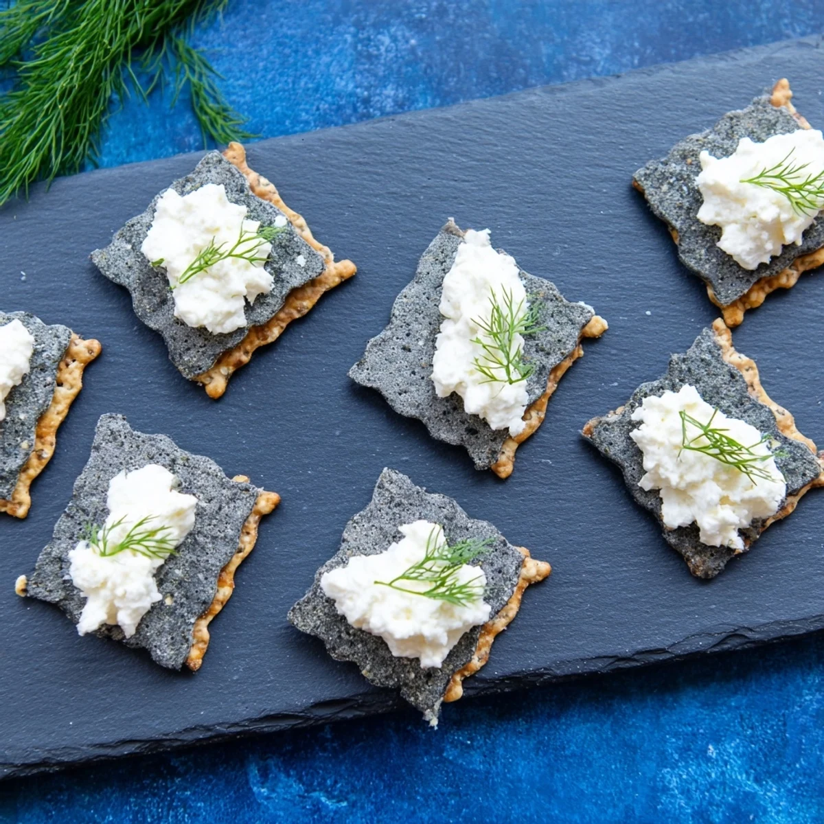 Appetizing arrangement of The Stormy Sea appetizer; grey crackers topped with creamy goat cheese.