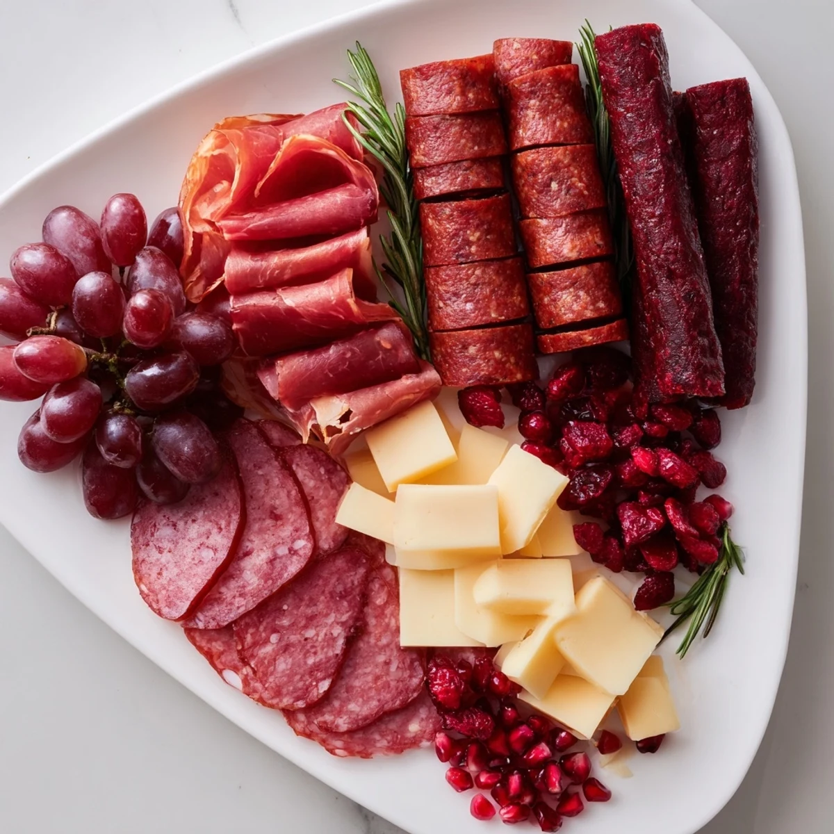 Enjoy a luxurious Crimson Crest charcuterie board with artisanal meats, cheeses, grapes, and pomegranate seeds.