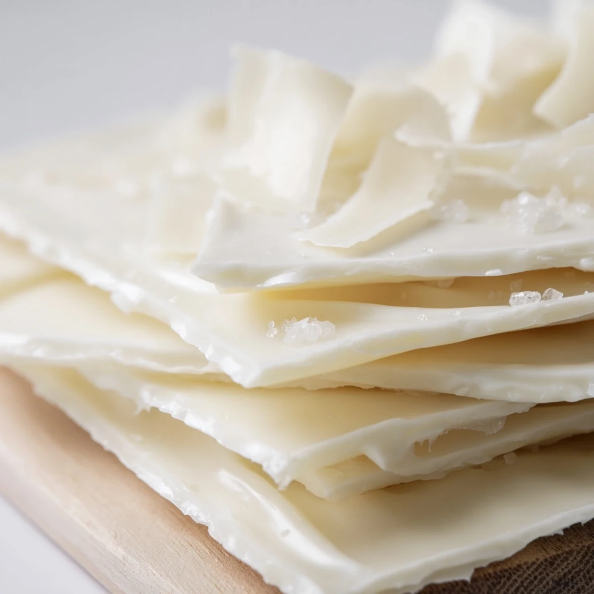 The Arctic Tundra dessert: white chocolate ice sheets and parmesan shards, plated beautifully on wood.
