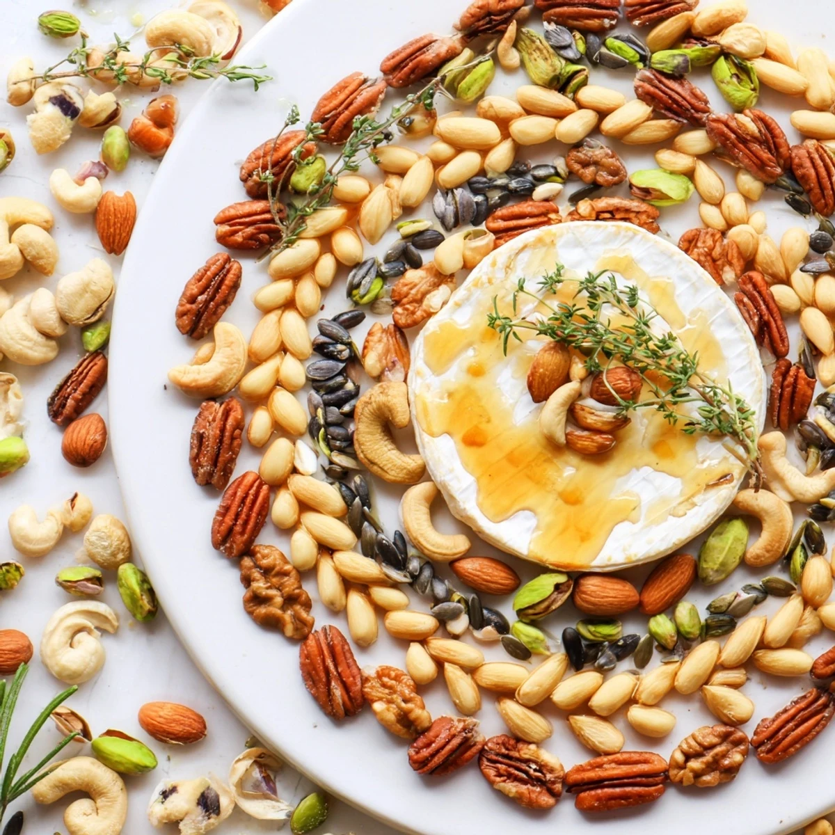 The Labyrinth appetizer features a maze of mixed nuts and seeds surrounding creamy, soft cheese.