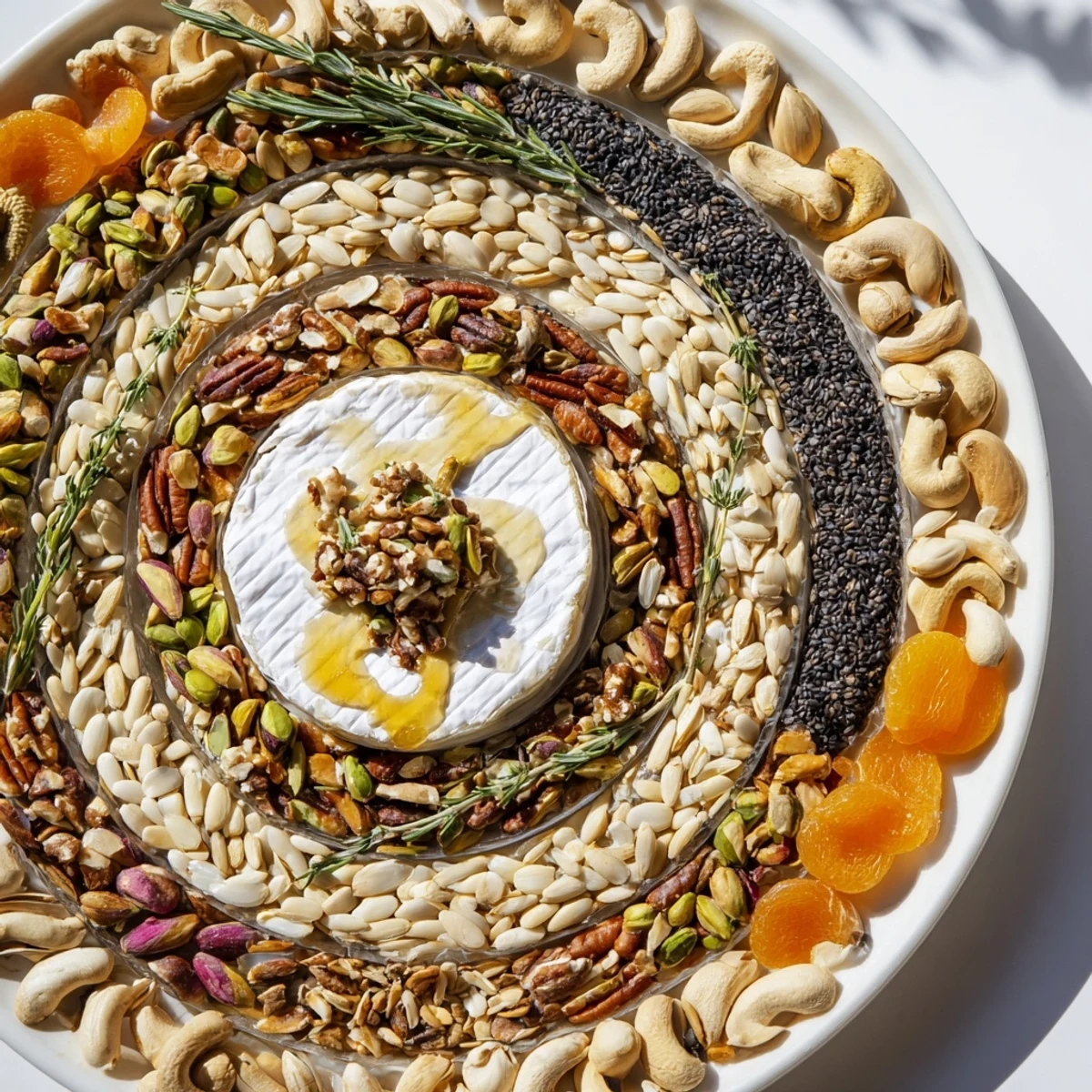 A beautiful grazing platter, this Labyrinth recipe showcases a soft cheese wheel in a nut and seed pathway.