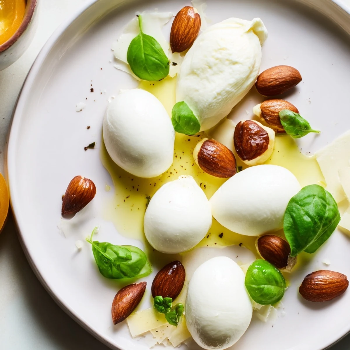 A beautifully arranged "Polished Pebble" appetizer: oval cheeses and roasted almonds on a platter.