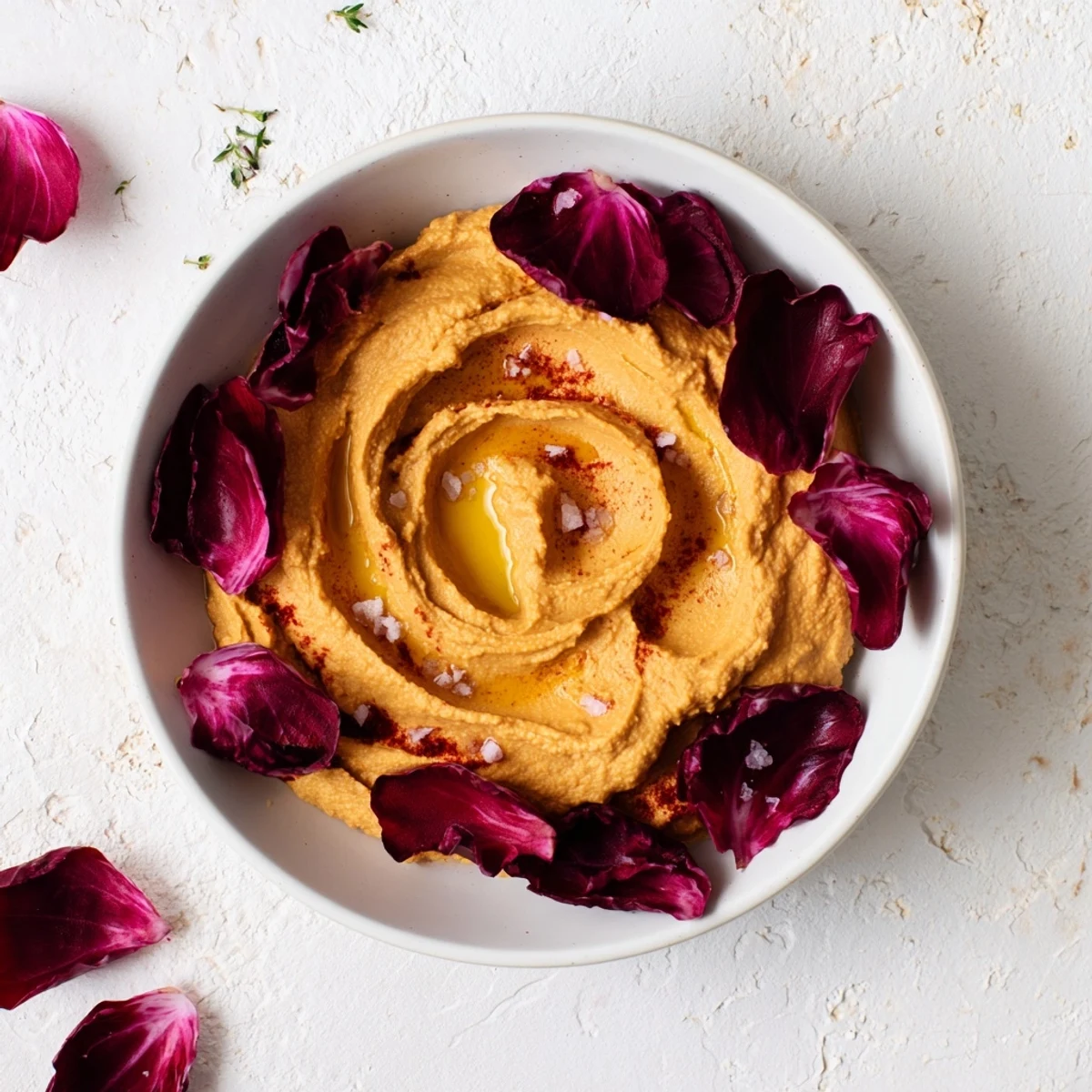 Vibrant The Velvet Rose appetizer features swirled beet hummus roses and crisp radicchio leaves ready to serve.