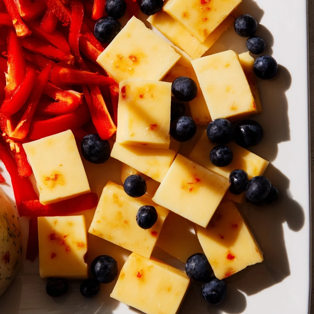 Geometric Bauhaus Block appetizer, showcasing vibrant red peppers, yellow cheese, and plump, blue grapes.
