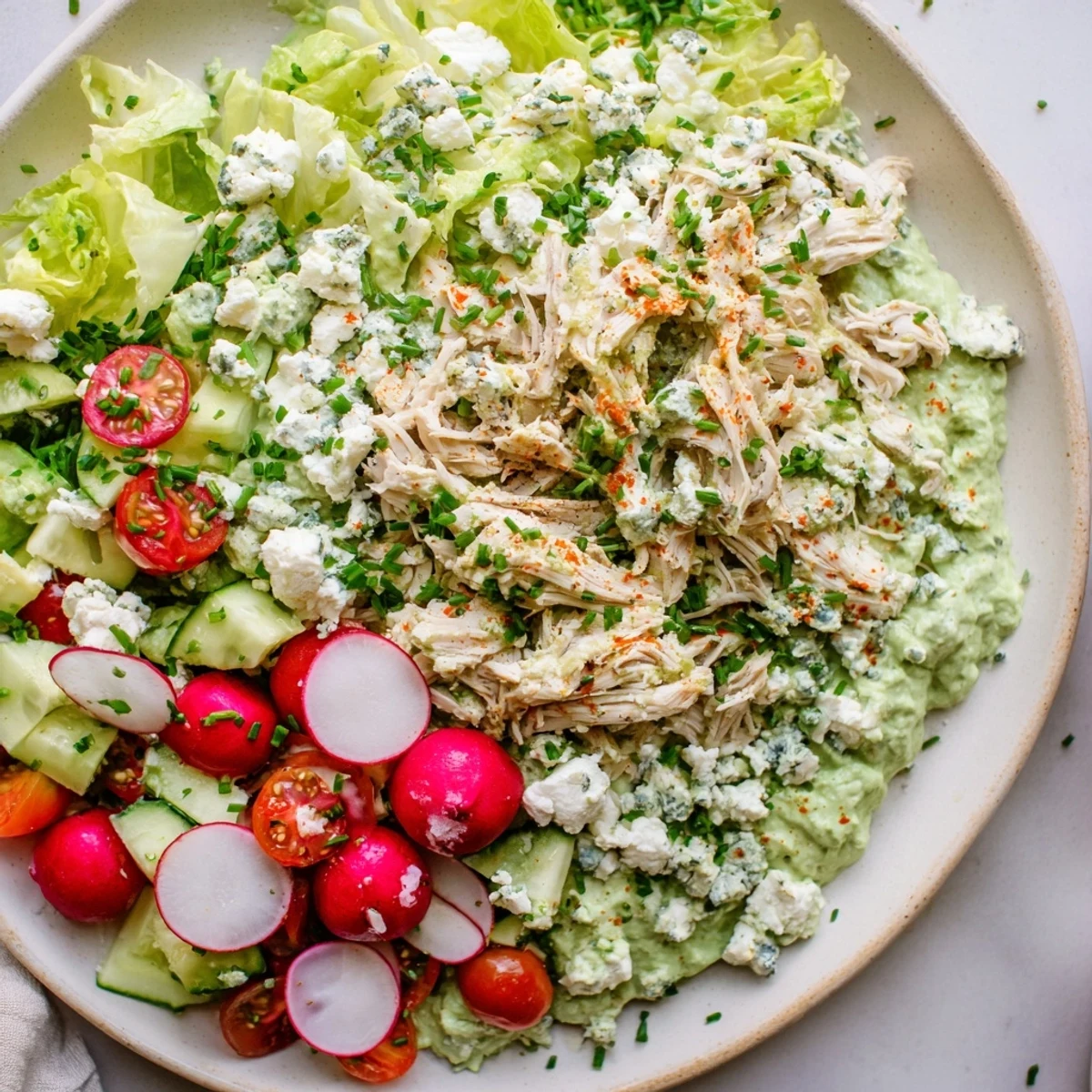 Warm Green Goddess Chicken Nacho Dip, creamy and flavorful, topped with shredded chicken and fresh herbs.