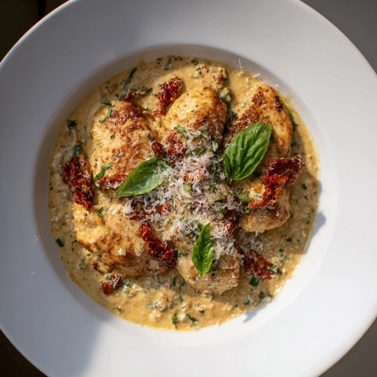 Marry Me Chicken, tender chicken breasts swimming in creamy sun-dried tomato sauce with a dusting of Parmesan.