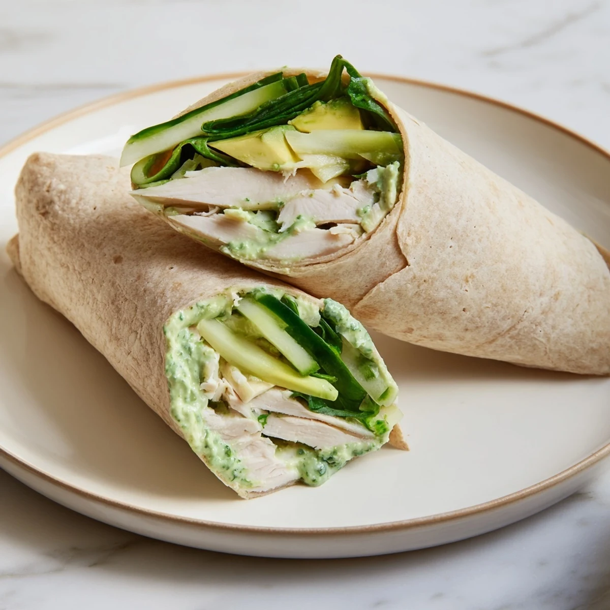 Freshly made Green Goddess Wellness Wrap, featuring colorful ingredients and a creamy, vibrant dressing for a healthy lunch.