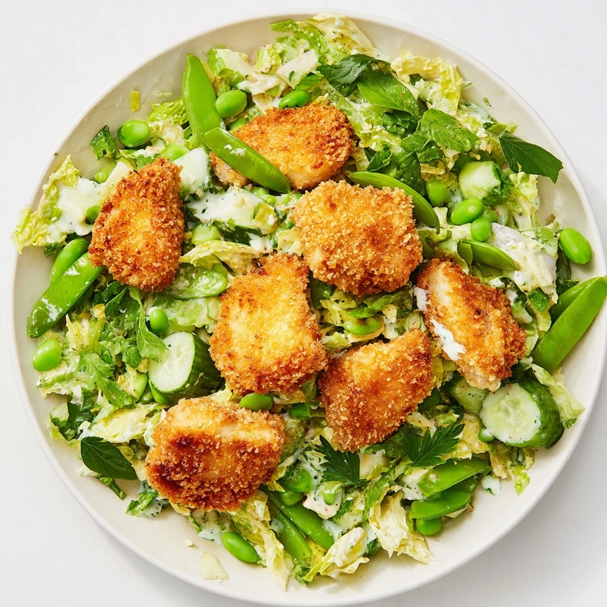 A bowl showing the colorful, chopped ingredients of the Green Goddess Nugget Salad perfectly mixed with dressing.