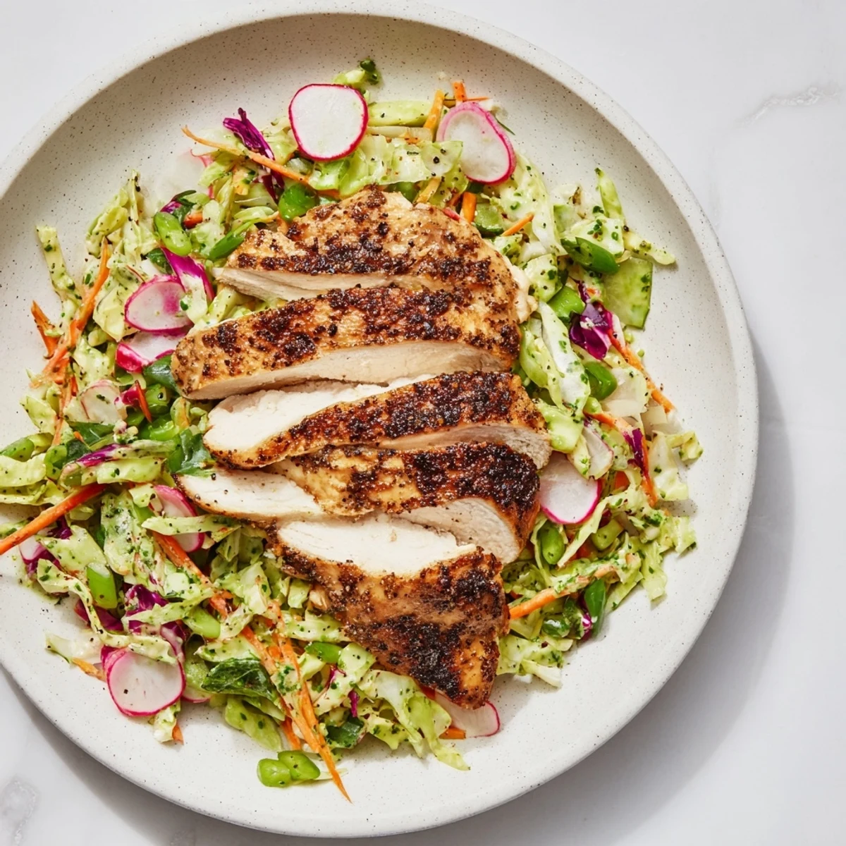 Imagine a bowl of Green Goddess Cabbage Slaw with Grilled Chicken, fresh and ready for a light meal.