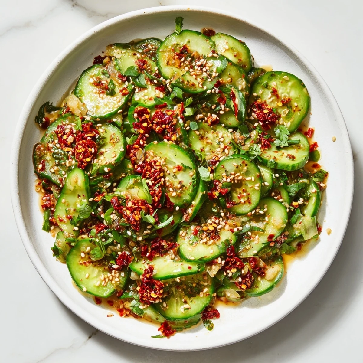 Crisp and refreshing Cucumber Shaker Salad, tossed in a tangy dressing and ready to serve.