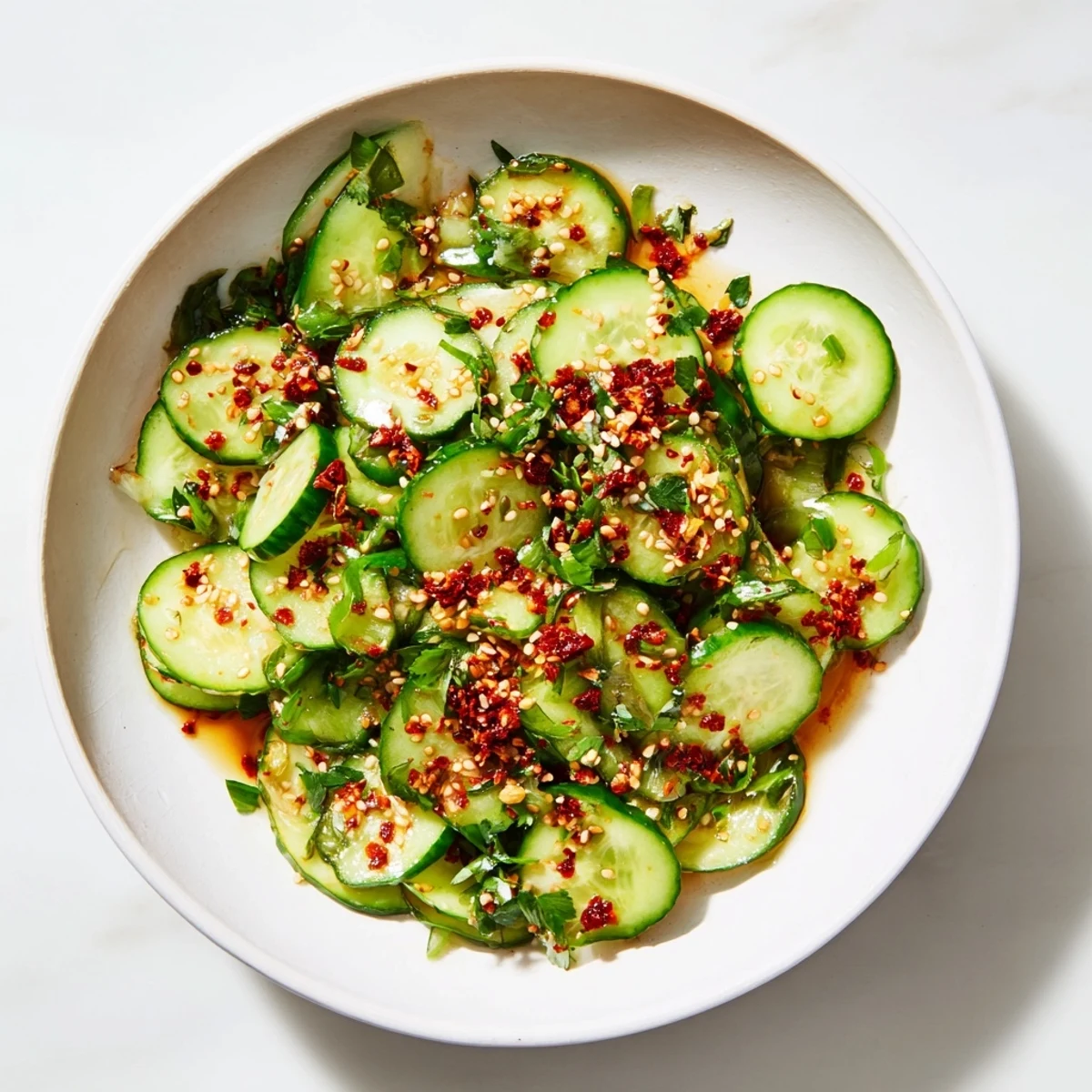Vibrant Asian-inspired Cucumber Shaker Salad topped with a generous spoonful of chili crisp.