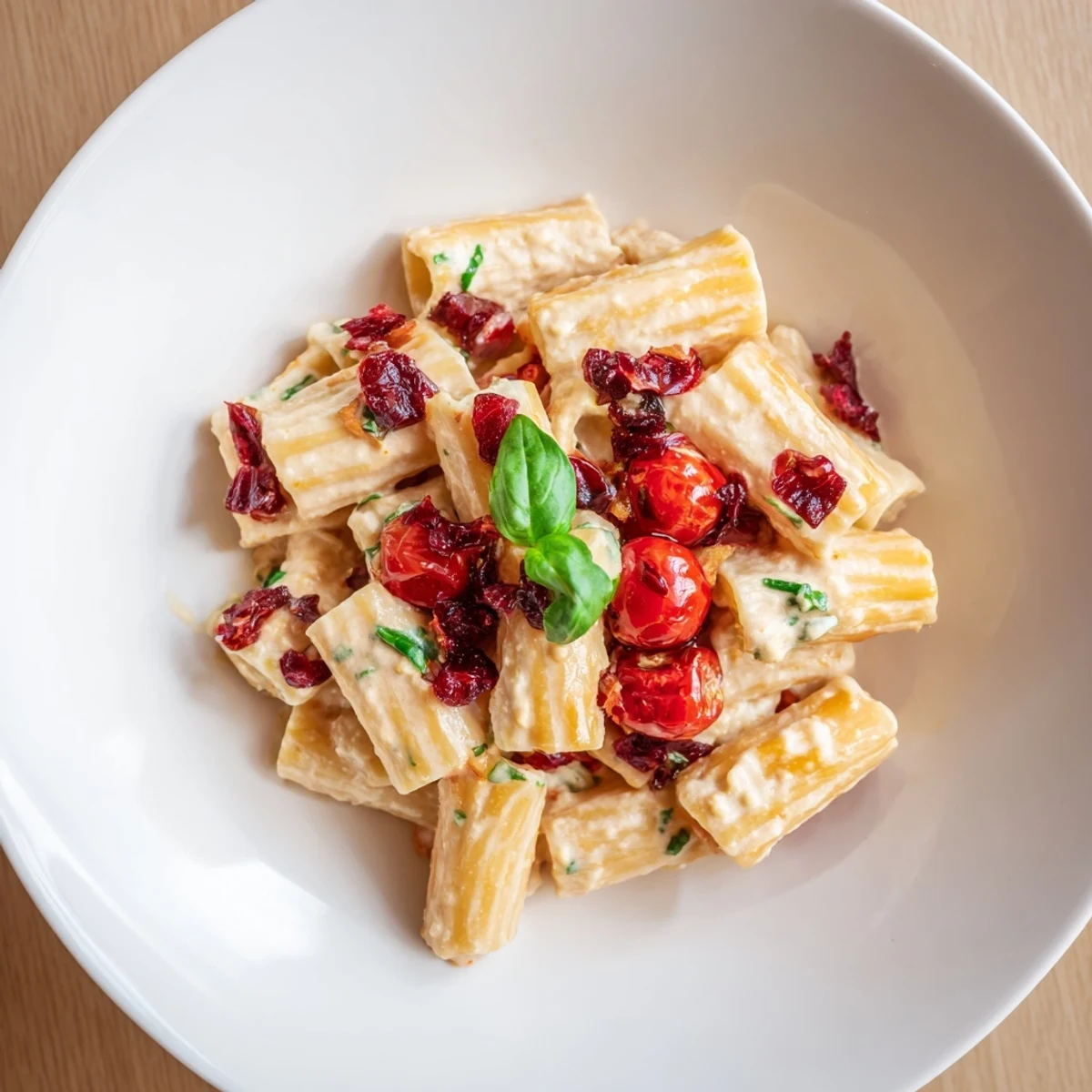 Golden-brown baked feta pasta, studded with bursting cranberries, ready to serve with basil.