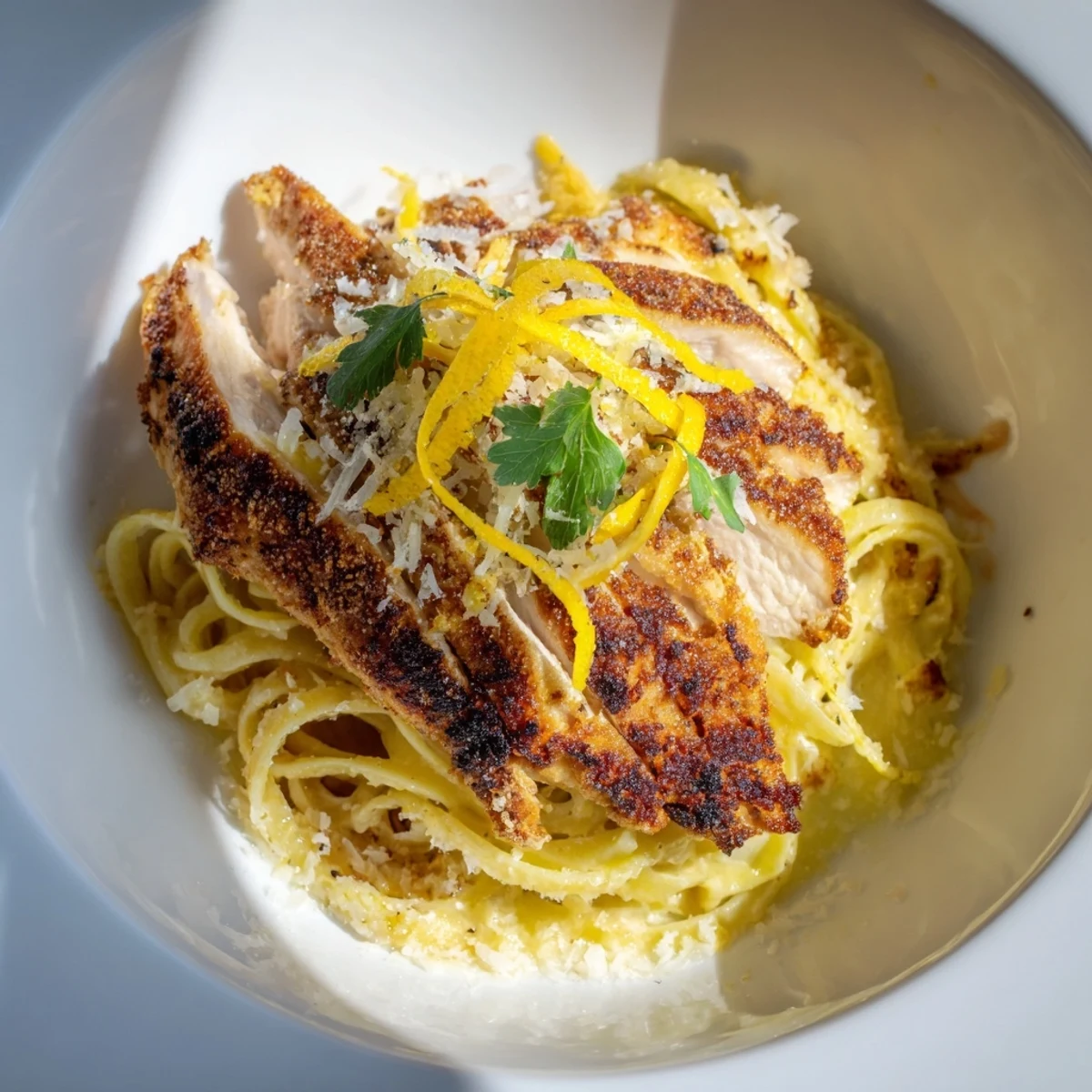 Golden browned Pasta with Lemon Brûlée Chicken, garnished with fresh parsley and extra zesty lemon.