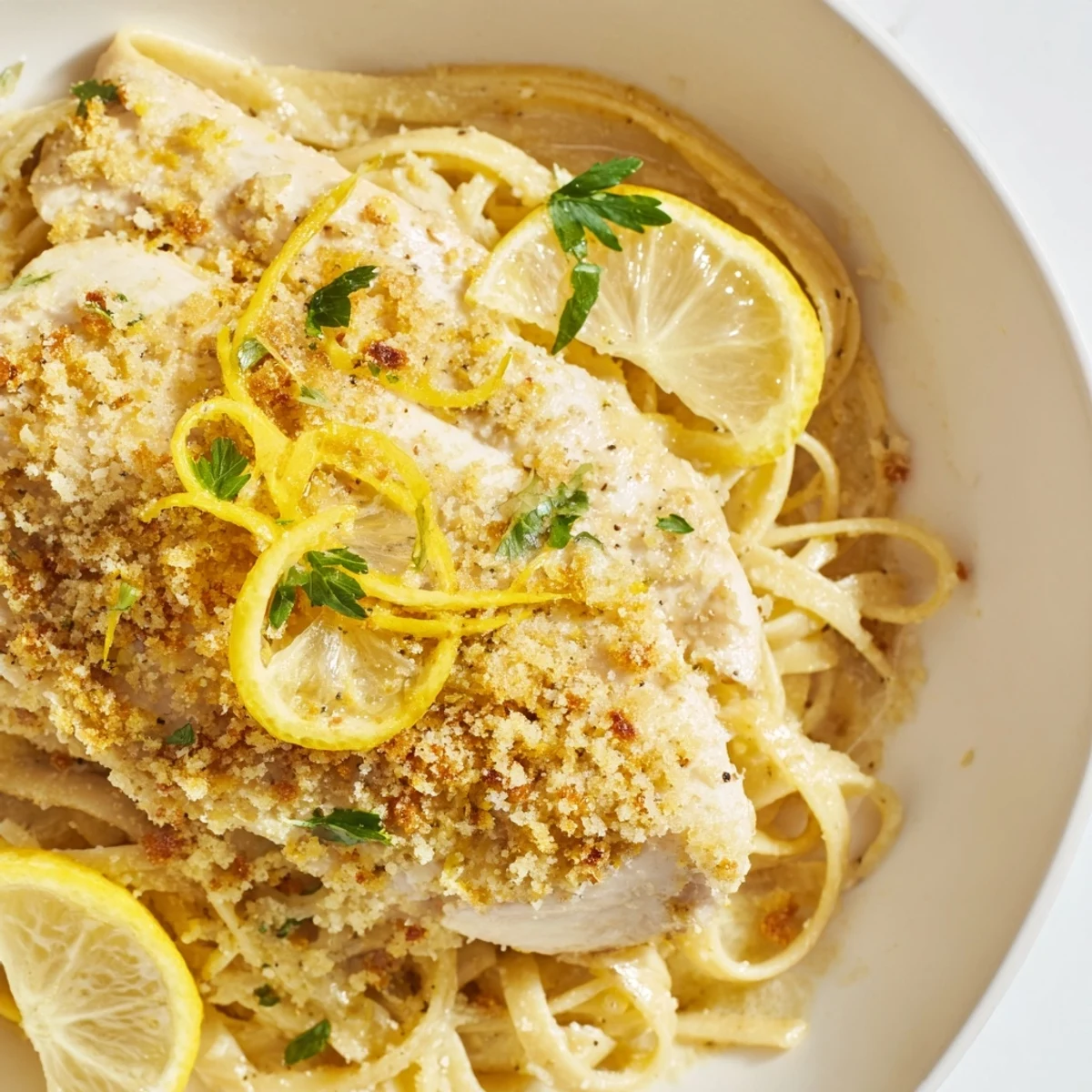 Creamy pasta coats tender Pasta with Lemon Brûlée Chicken, with a delicately caramelized lemon crust.