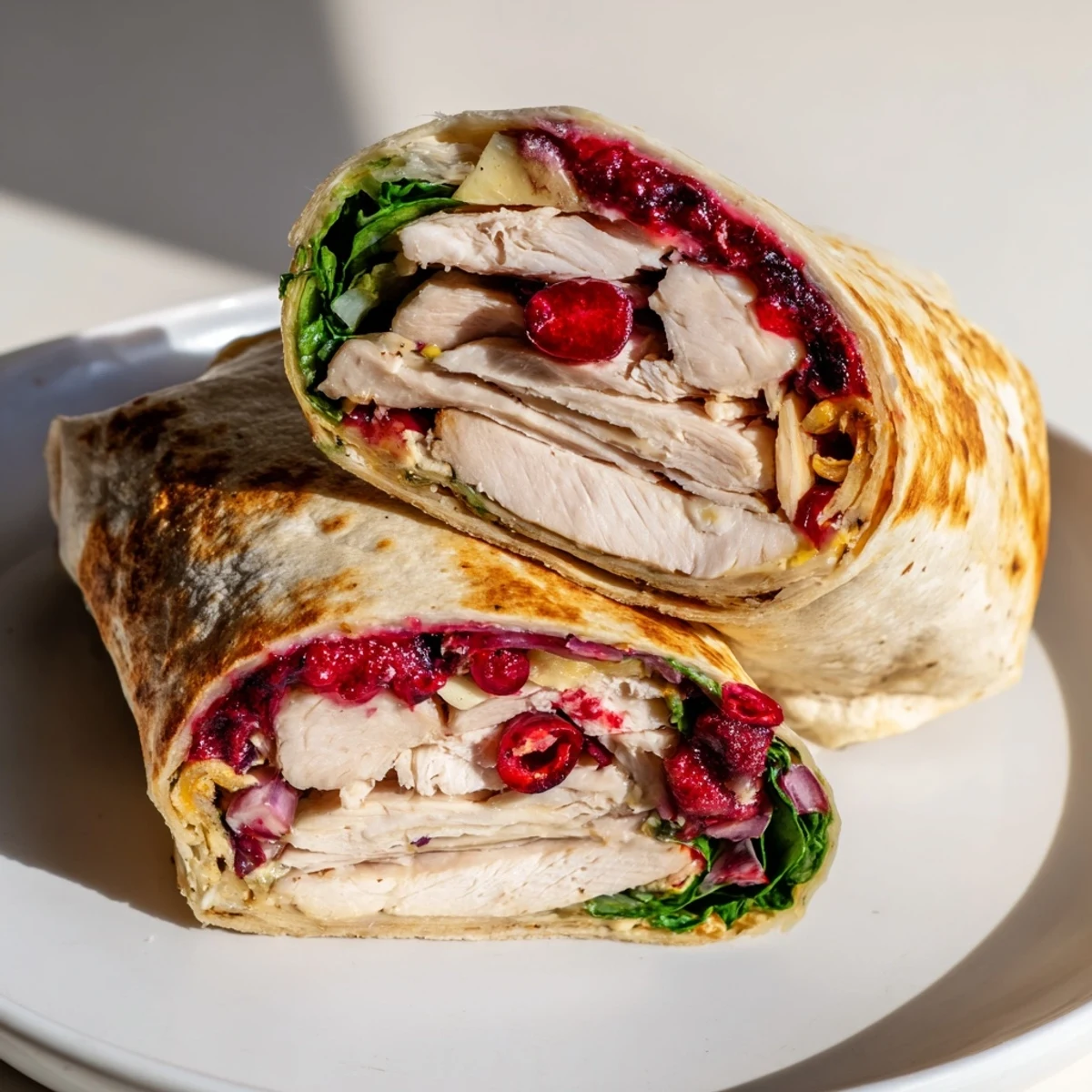 Chicken and Brie Holiday Wrap, melty brie and tender chicken wrapped in a toasted tortilla, ready to eat.