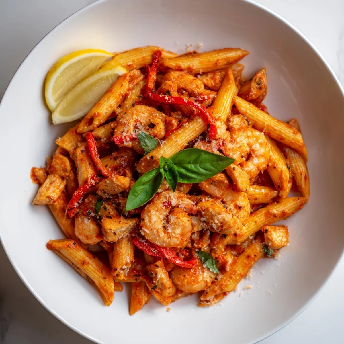One-Pot Diavola Pasta showcases tender shrimp and chicken in a spicy, flavorful sauce.