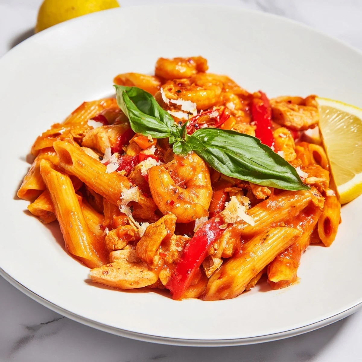 This image spotlights a hearty bowl of One-Pot Diavola Pasta, garnished with fresh basil leaves.