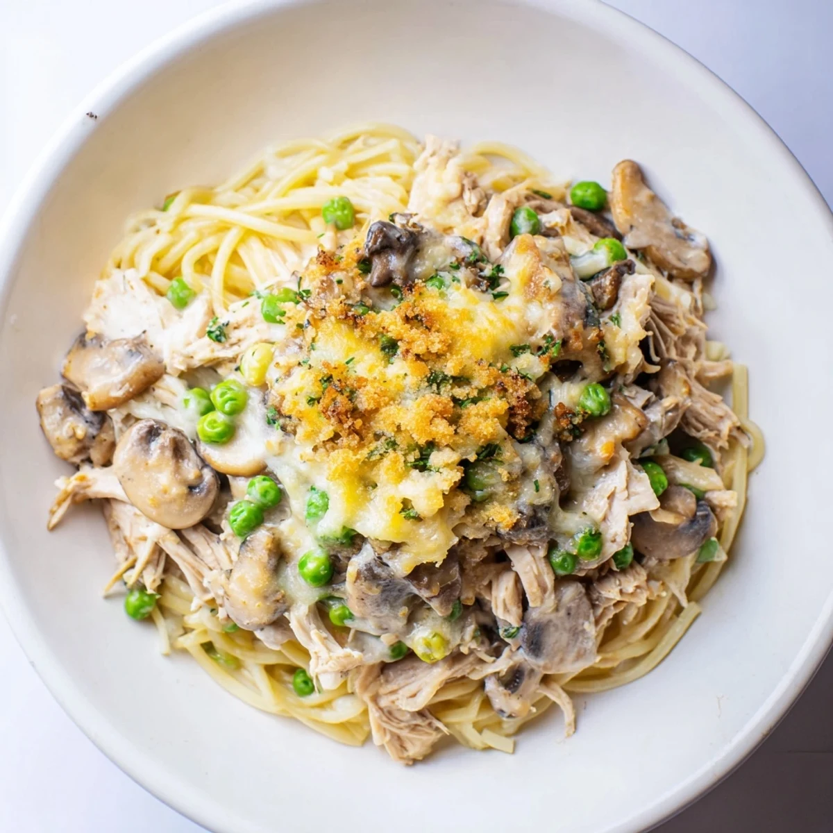 A close-up of baked Turkey Tetrazzini, showing a cheesy, bubbly topping and savory ingredients.