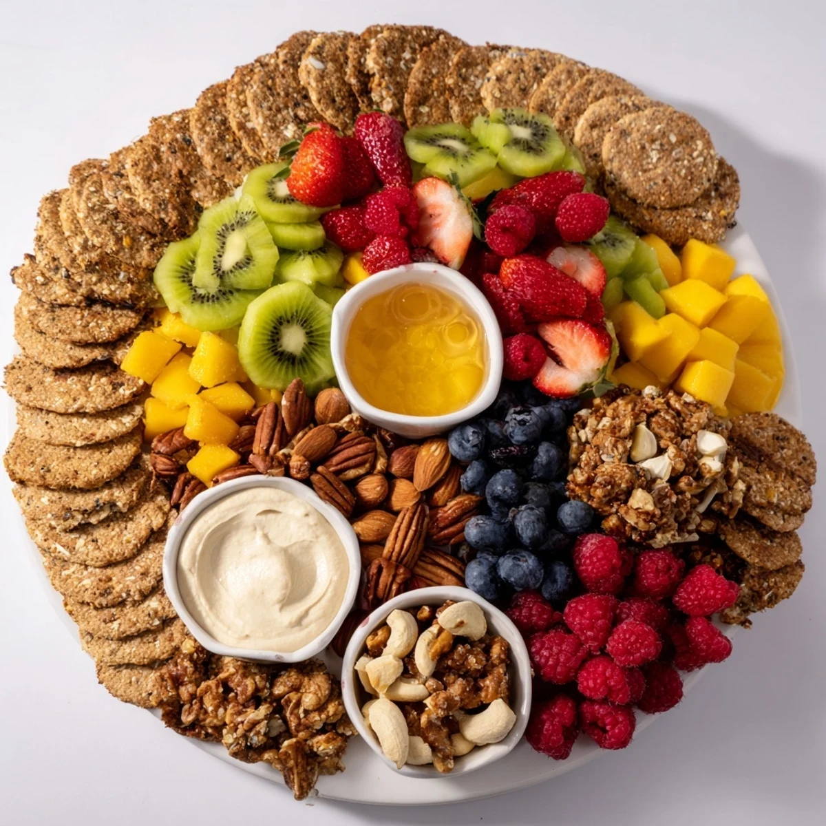 Vibrant Hidden Oasis appetizer: crackers and nuts circle colorful fruits, creamy dips beckon.