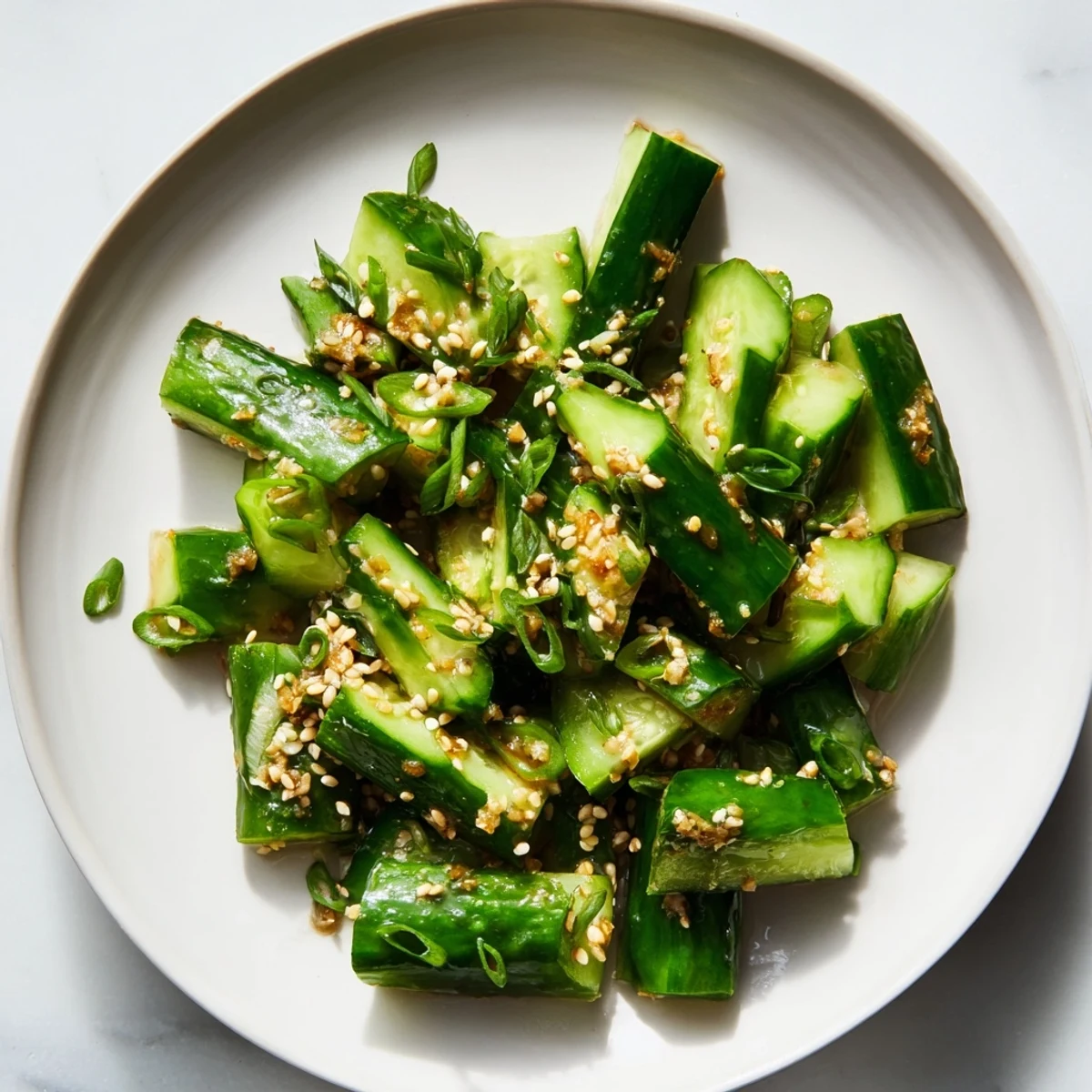 Vibrant Cucumber Shaker salad featuring a savory umami dressing, ideal as a quick and flavorful side dish.