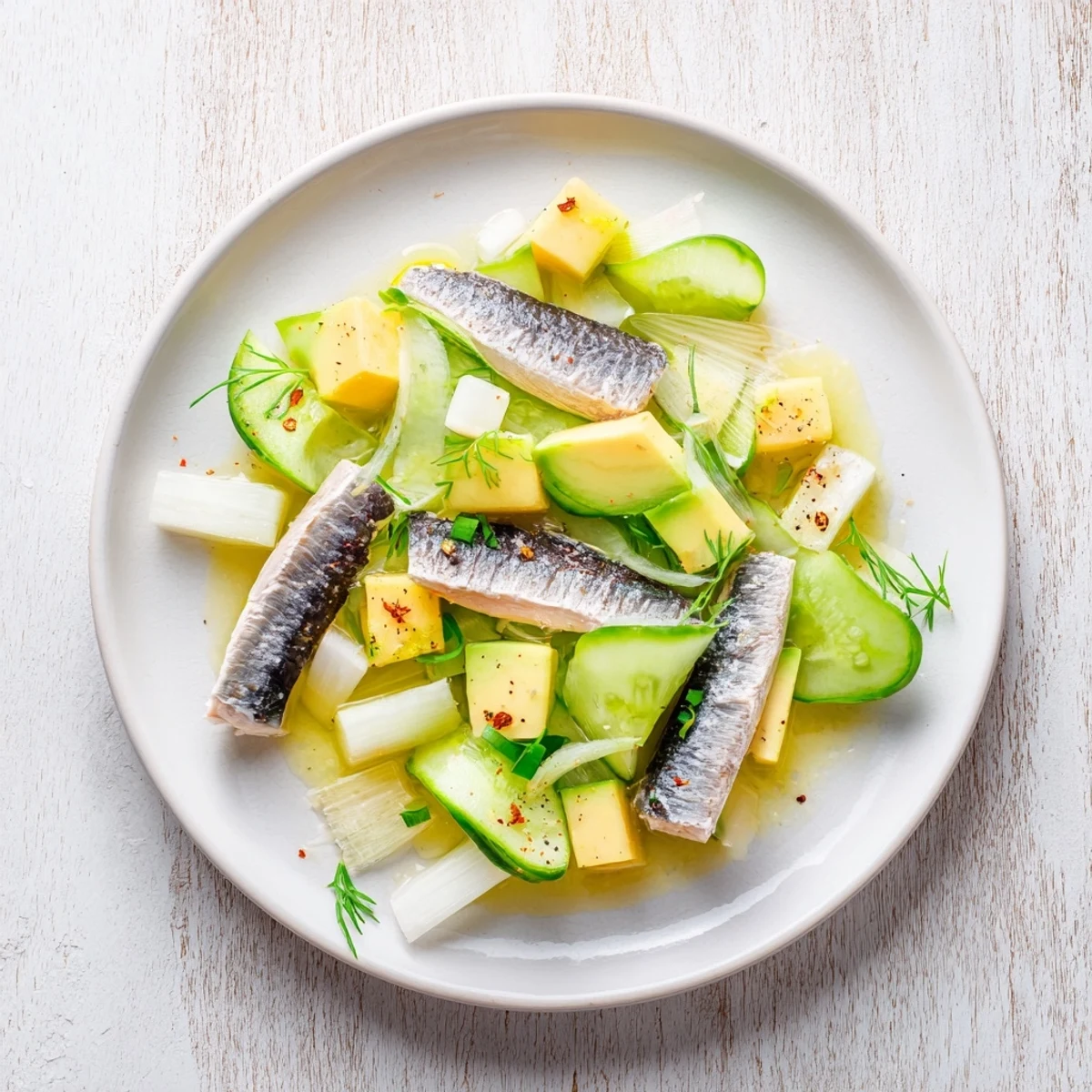 Cucumber and Tinned Fish Date Night Salad with vibrant fresh herbs, creamy avocado, ready to serve and enjoy.