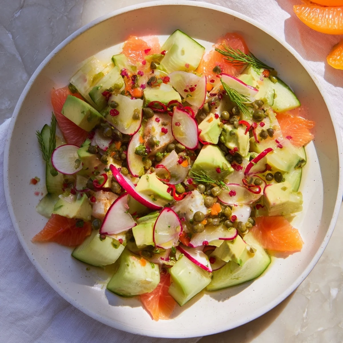 A beautiful Cucumber and Tinned Fish Date Night Salad, showing flaky fish atop a colorful bed of fresh ingredients.