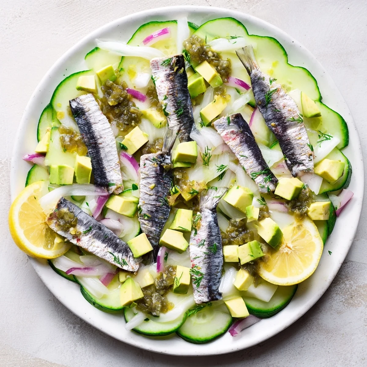 This delicious Cucumber and Tinned Fish Date Night Salad features bright vegetables and savory, oily fish.