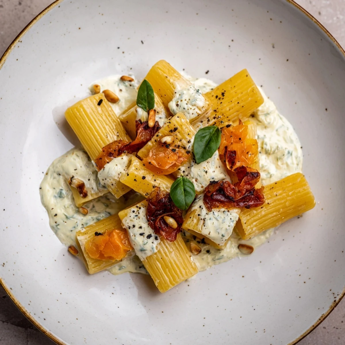 Imagine fresh basil garnishing a bowl of savory Pasta with Roasted Grapes, ready to enjoy.