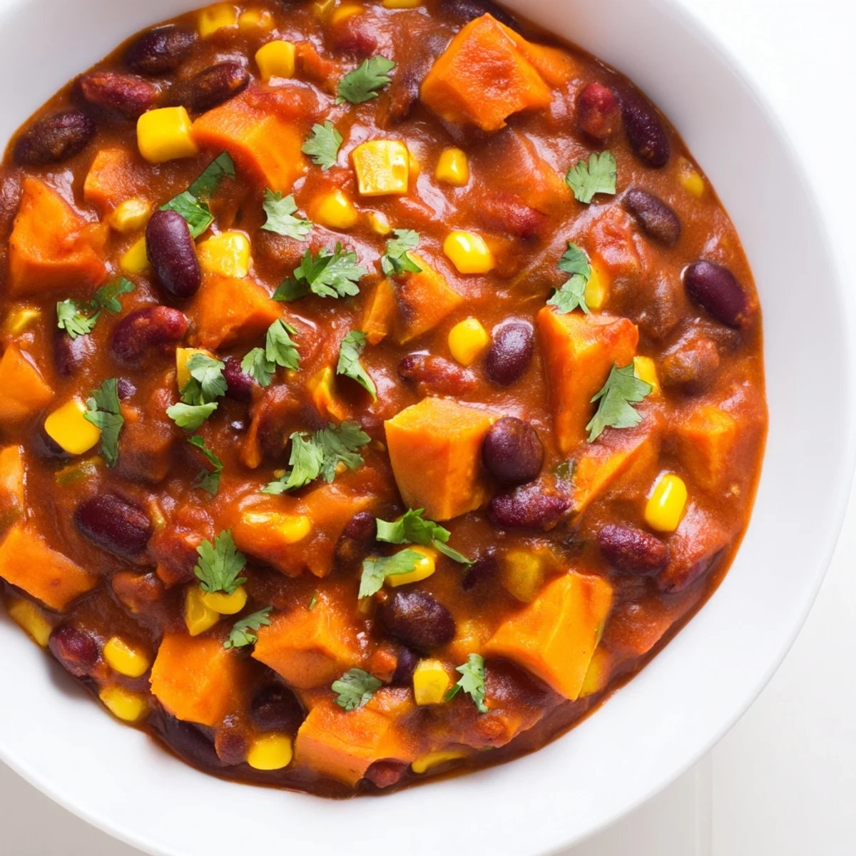 A warm bowl of Smoky Sweet Potato Chili, filled with sweet potatoes and hearty beans.